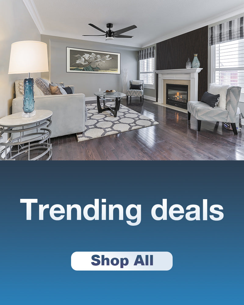 A banner with the text Trending deals and a Shop All button on the left, and a modern living room with a sofa, lamp, coffee table, fireplace, and stylish wall panels on the right.