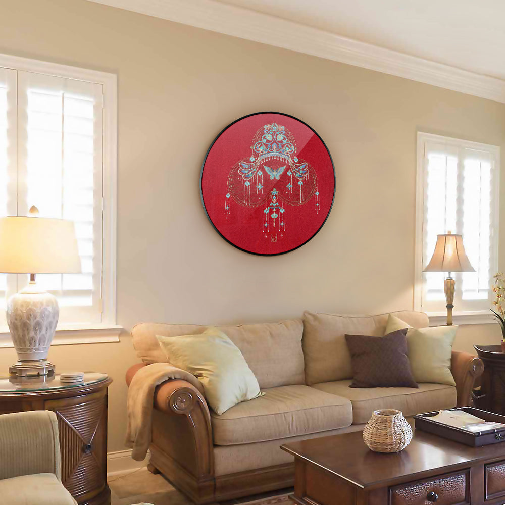 In the elegant modern living room, there are embroidered wall artworks full of Oriental art, matching with light sofas and dark wooden tables.