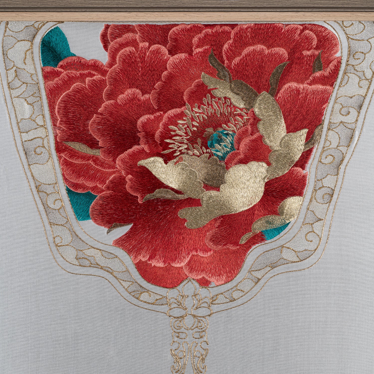 An Embroidery artwork of royal fan embroidered with red peony flowers.
