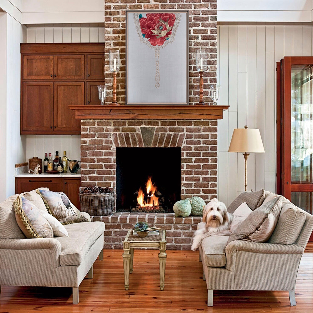 Hung over the fireplace as a wall art, this work of art is embroidered with a royal fan, and the royal fan is embroidered with red peony flowers symbolizing nobility. Matching to the long white hair dog, that's wonderful.
