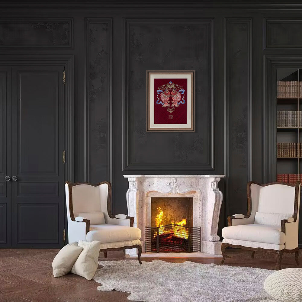 An embroidered artwork with double koi fish hangs above the vintage-inspired living room fireplace
