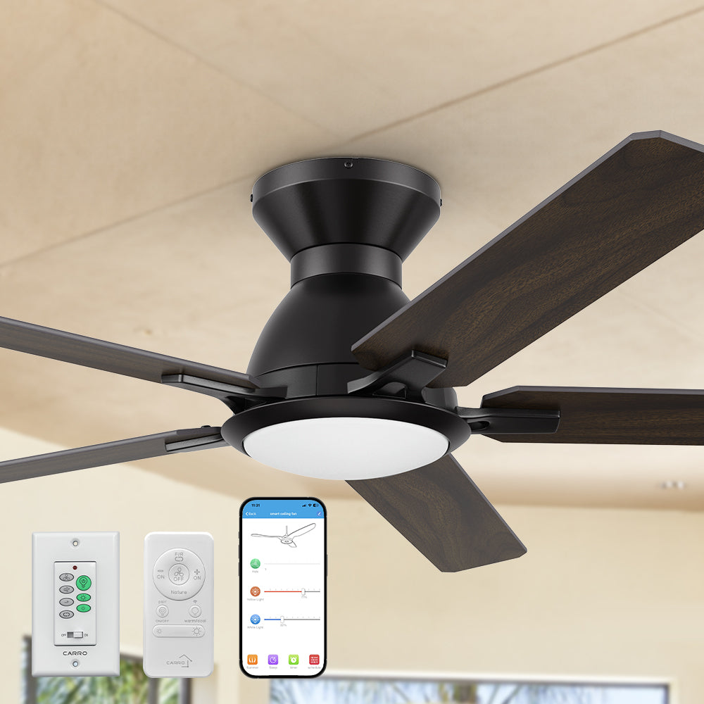 Essex2 Outdoor Smart Low Profile Ceiling Fan with LED Light and remote / wall control.