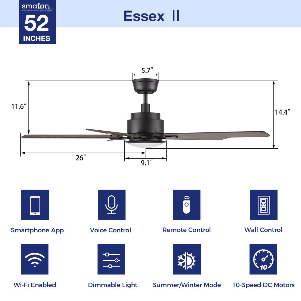Diagram of a 52-inch smart ceiling fan with measurements and features displayed. The fan has a modern black finish, three blades, and an integrated LED light. Key dimensions include a height of 14.4 inches, blade length of 26 inches, and motor housing width of 9.1 inches. The fan includes remote control, wall control, voice control, Wi-Fi compatibility, summer/winter mode, dimmable lighting, smartphone app control, and a 10-speed DC motor.