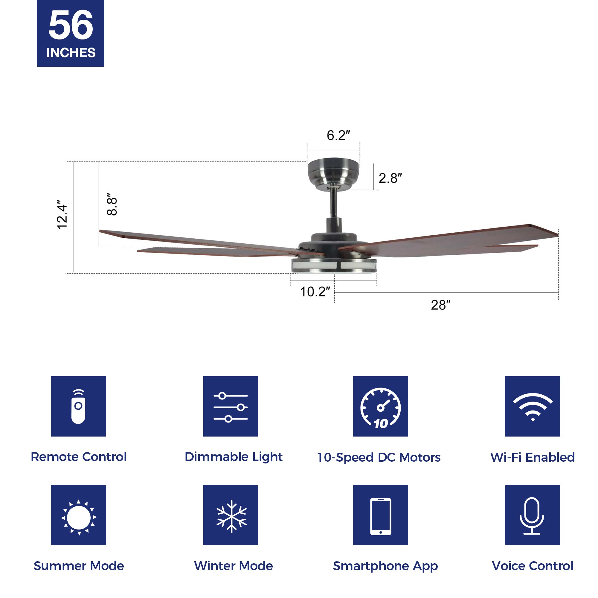 Explorer Outdoor 56" Smart Ceiling Fan with LED Light Kit-Silver Case and caramel-color Wood Grain Fan Blades. The fan features Remote control, Wi-Fi apps, and Voice control technology (compatible with Amazon Alexa and Google Home Assistant ) to set fan preferences. Equipped with 3000-lumen dimmable LED lights and a 10-speed DC Motor (5300CFM airflow output), it brings you cool and bright.
