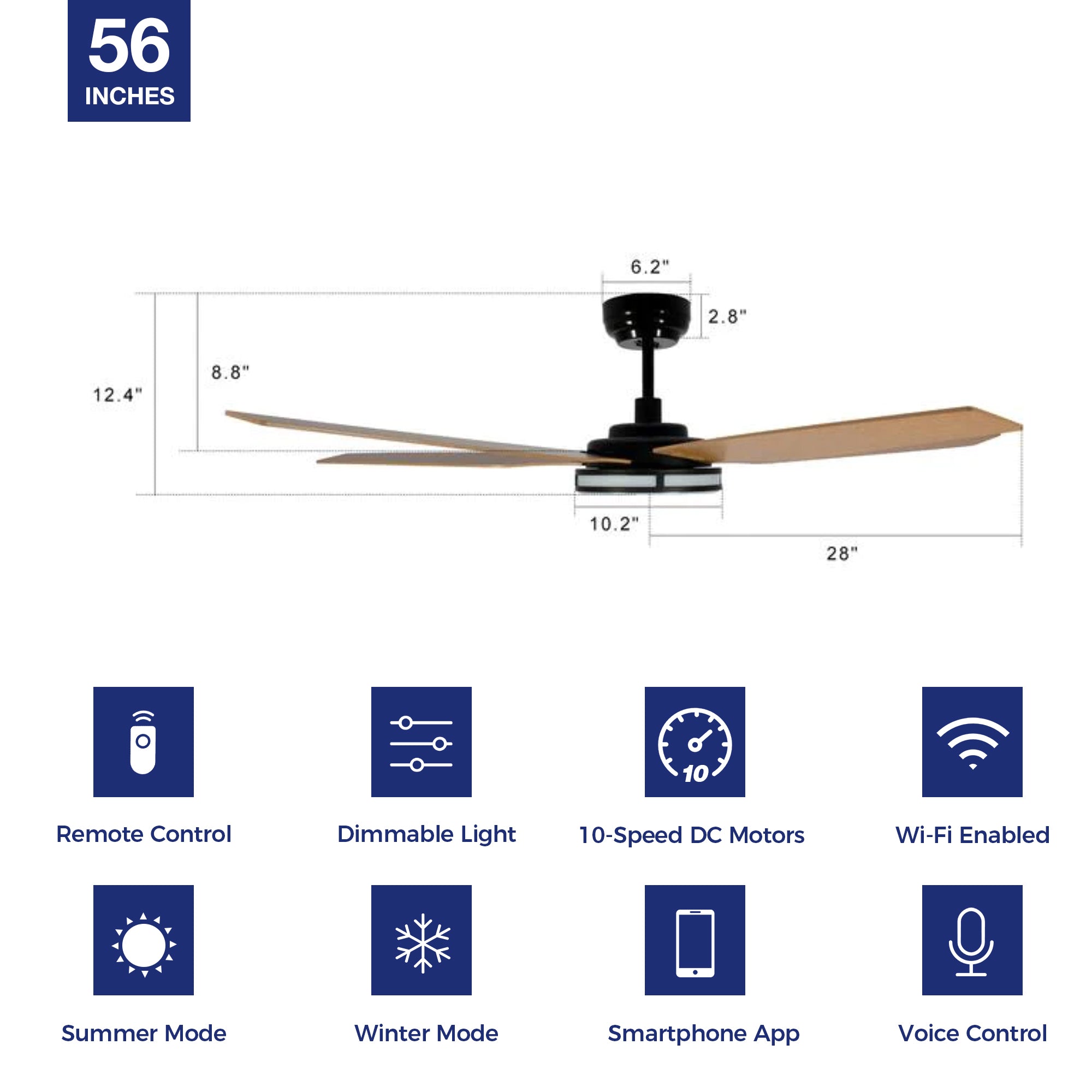 Explorer Outdoor 56" Smart Ceiling Fan with LED Light Kit-Black Case and Wood Grain Fan Blades. The fan features Remote control, Wi-Fi apps, and Voice control technology (compatible with Amazon Alexa and Google Home Assistant ) to set fan preferences. Equipped with 3000-lumen dimmable LED lights and a 10-speed DC Motor (5300CFM airflow output), it brings you cool and bright.