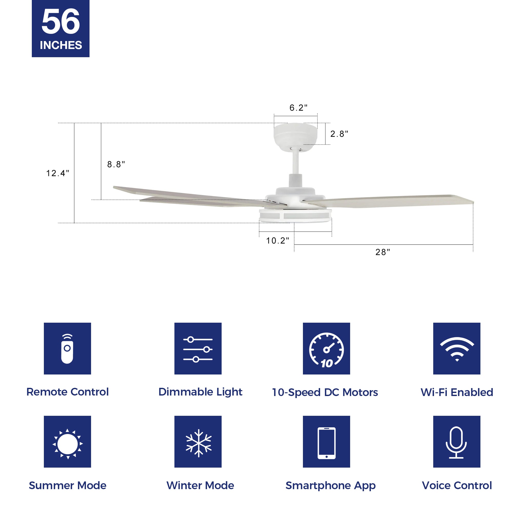 Explorer Outdoor 56" Smart Ceiling Fan with LED Light Kit-White Case and Fine Wood Fan Blades. The fan features Remote control, Wi-Fi apps, and Voice control technology (compatible with Amazon Alexa and Google Home Assistant ) to set fan preferences. Equipped with 3000-lumen dimmable LED lights and a 10-speed DC Motor (5300CFM airflow output), it brings you cool and bright.