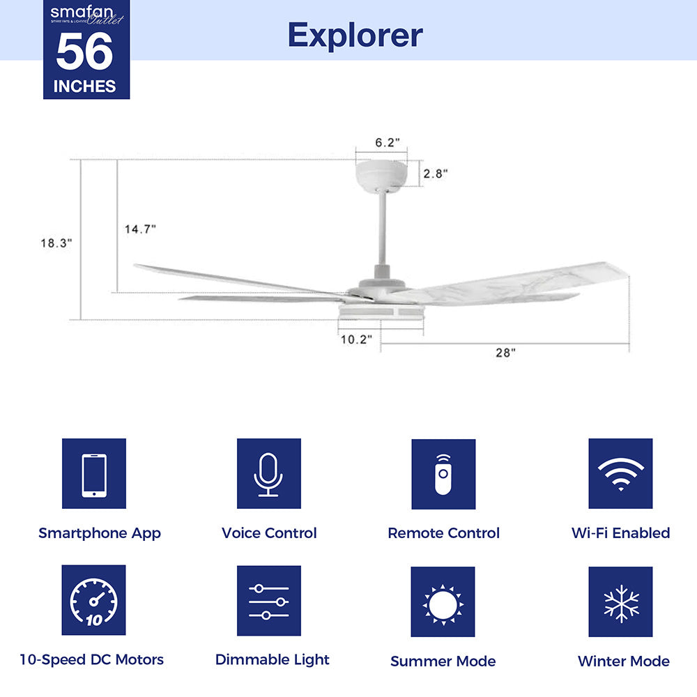 Explorer Outdoor 56" Smart Ceiling Fan with LED Light Kit-White Case and Marble Pattern Fan Blades. The fan features Remote control, Wi-Fi apps, and Voice control technology (compatible with Amazon Alexa and Google Home Assistant ) to set fan preferences. Equipped with 3000-lumen dimmable LED lights and a 10-speed DC Motor (5300CFM airflow output), it brings you cool and bright.