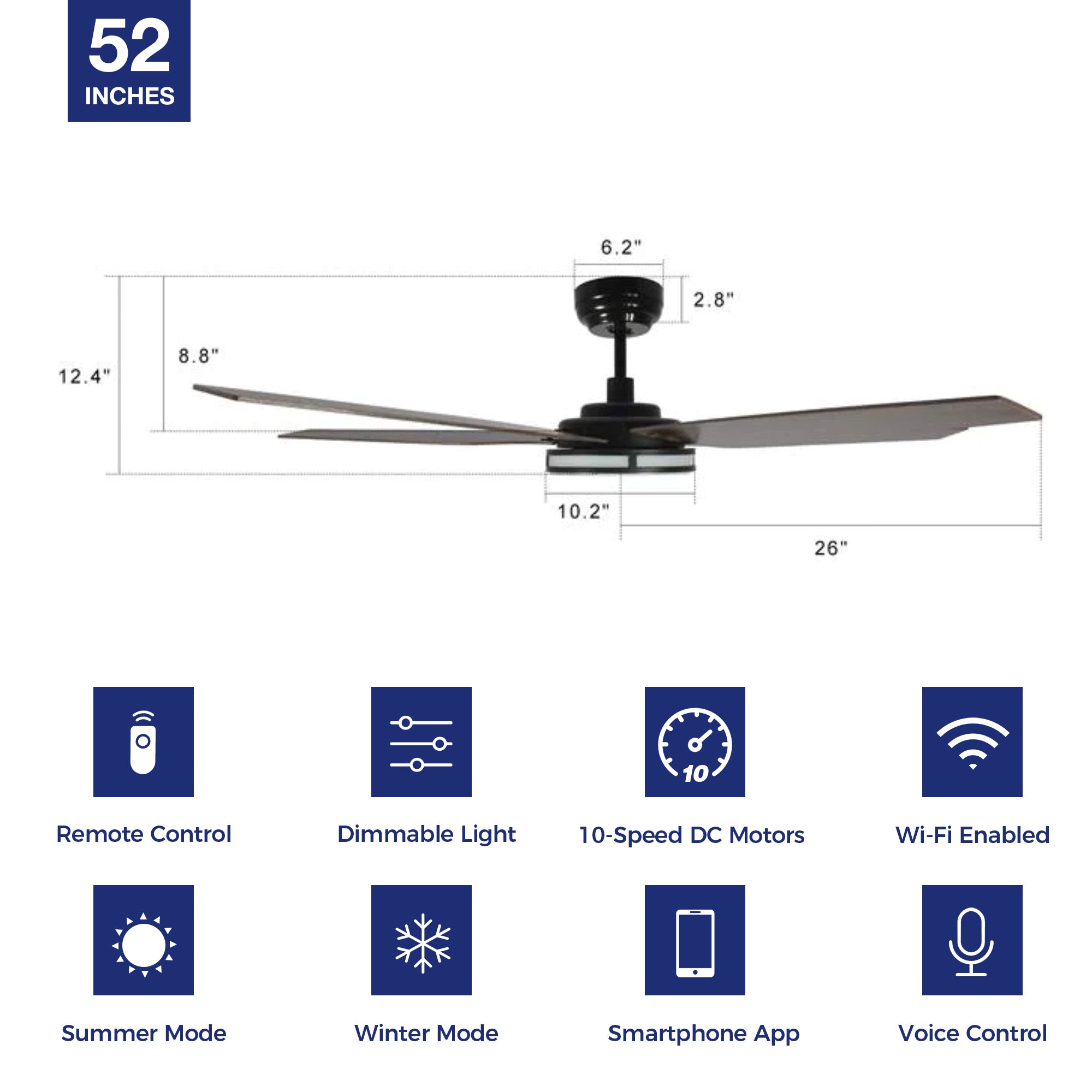 Explorer Outdoor 52" Smart Ceiling Fan with LED Light Kit in dinning room,kitchen,bedroom and living room-unit size.The fan features Remote control, Wi-Fi apps and Voice control technology (compatible with Amazon Alexa and Google Home Assistant ) to set fan preferences.