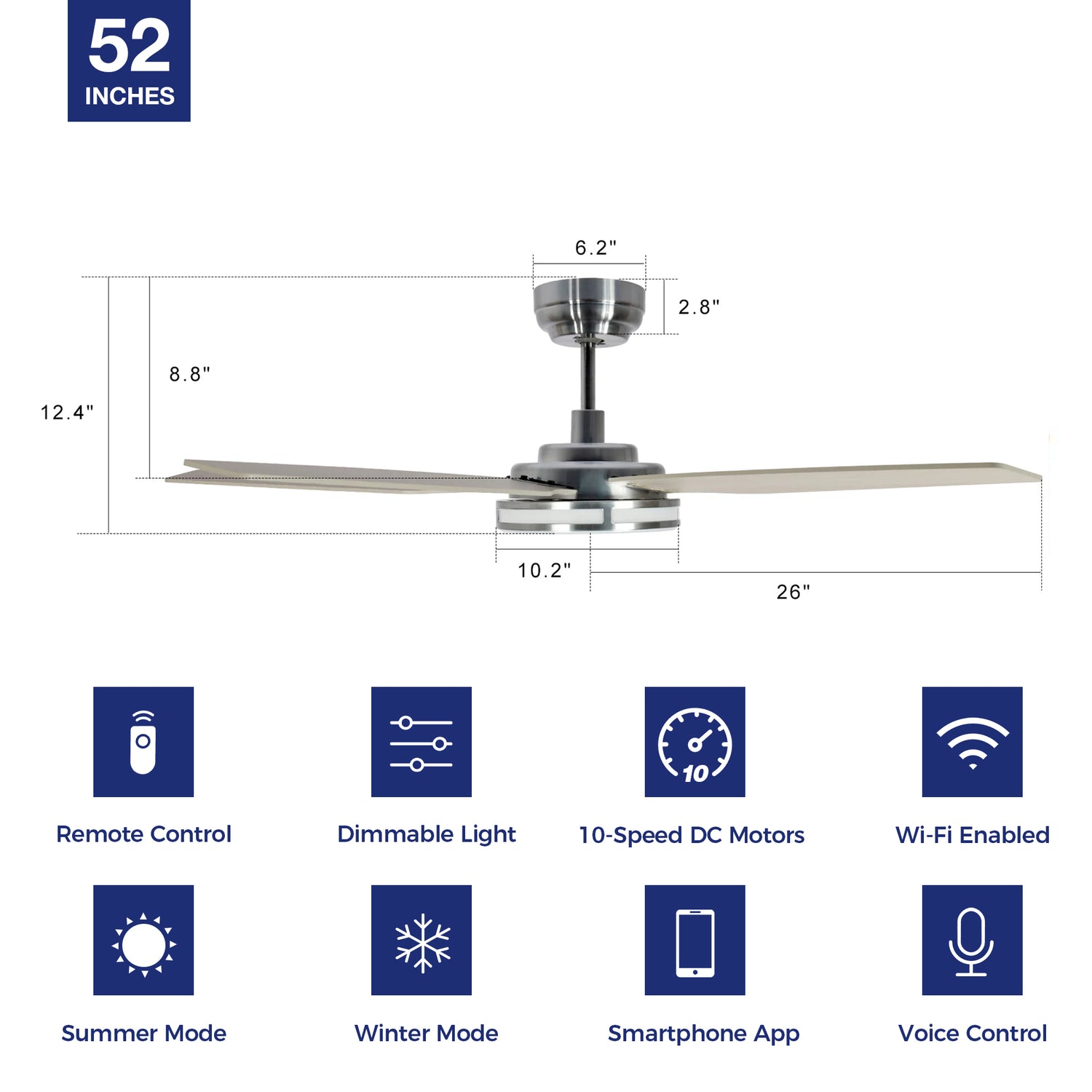 Explorer Outdoor 52" Smart Ceiling Fan with LED Light Kit in dinning room,kitchen,bedroom and living room-unit size.The fan features Remote control, Wi-Fi apps and Voice control technology (compatible with Amazon Alexa and Google Home Assistant ) to set fan preferences.