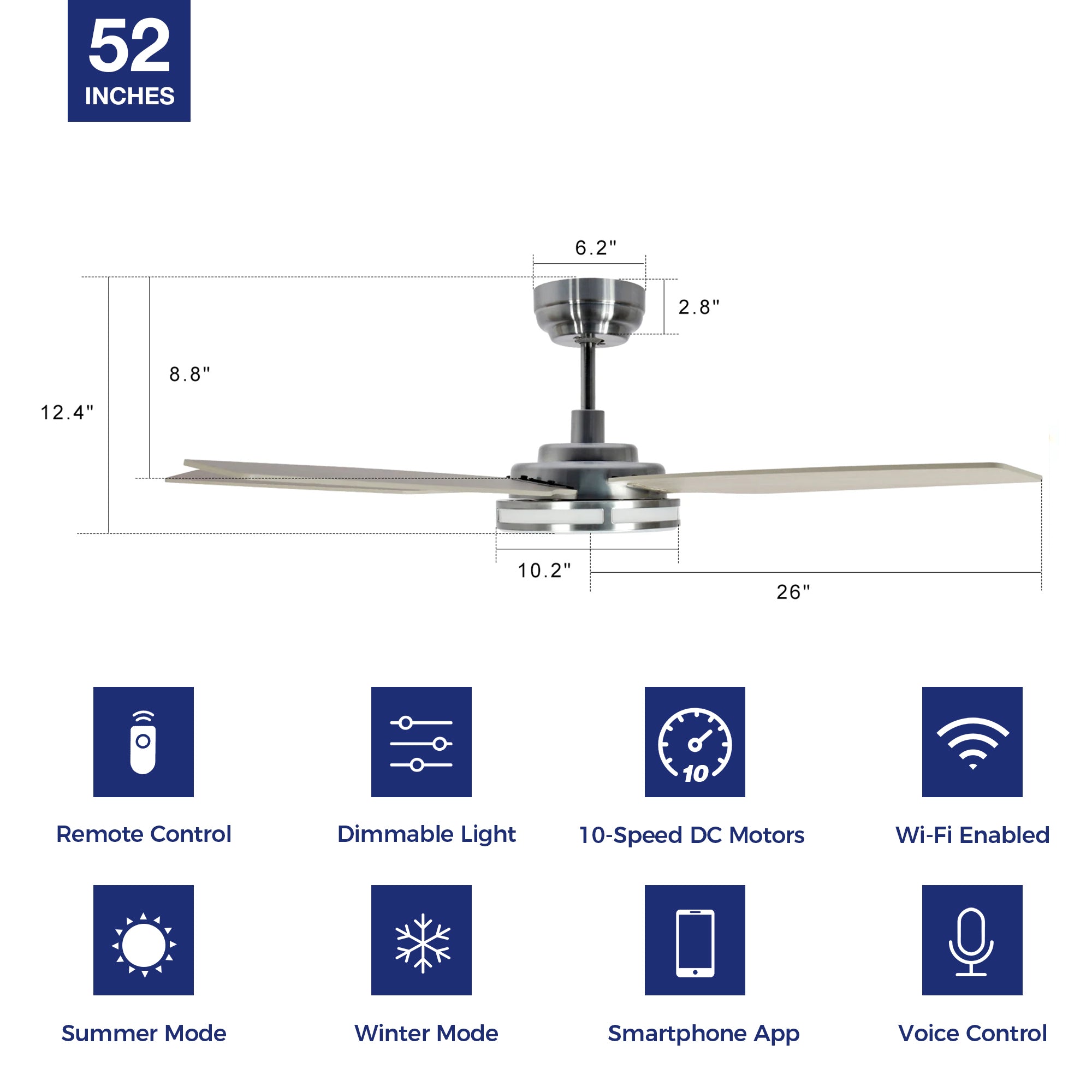 Explorer Outdoor 52" Smart Ceiling Fan with LED Light Kit in dinning room,kitchen,bedroom and living room-unit size.The fan features Remote control, Wi-Fi apps and Voice control technology (compatible with Amazon Alexa and Google Home Assistant ) to set fan preferences.