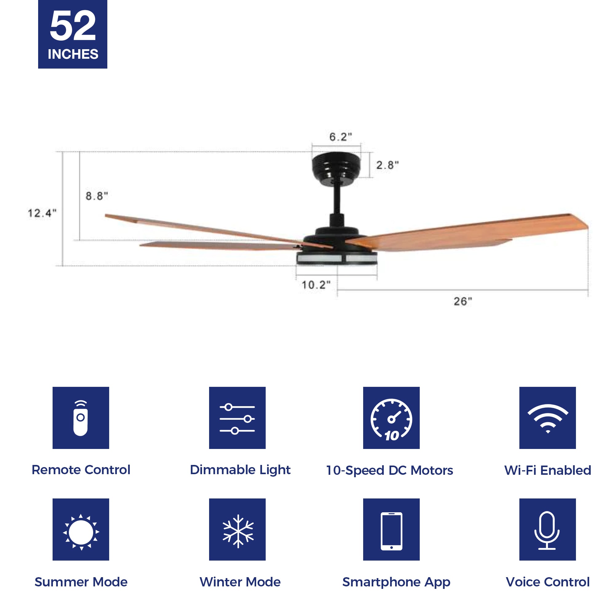 Explorer Outdoor 52" Smart Ceiling Fan with LED Light Kit in dinning room,kitchen,bedroom and living room-unit size.The fan features Remote control, Wi-Fi apps and Voice control technology (compatible with Amazon Alexa and Google Home Assistant ) to set fan preferences.