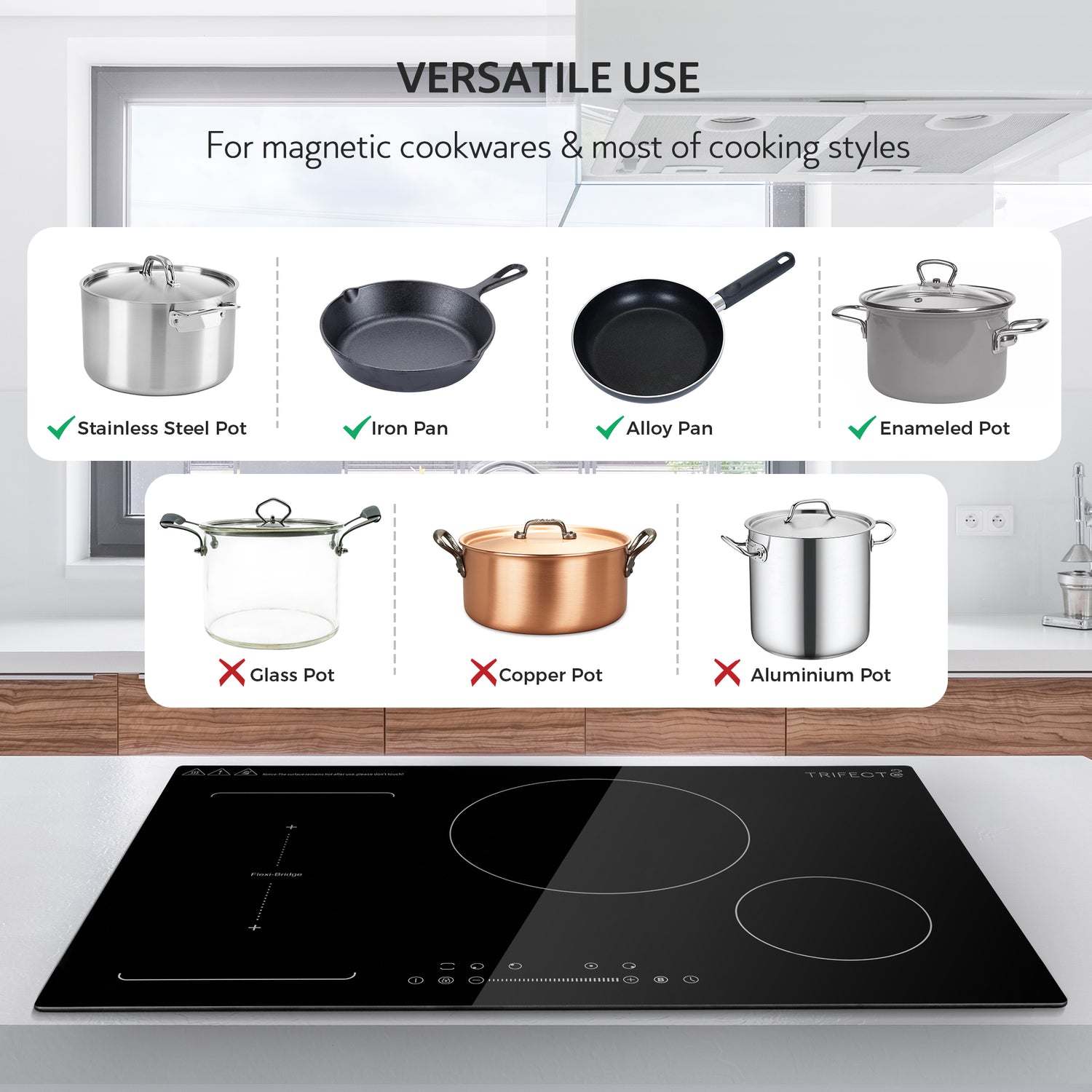 induction cooktop compatible cookware: materials like Carbon Steel, Stainless Steel with magnetic base, Enamel Iron Steel and Cast Iron are commonly induction compatible, while materials like Copper, Glass and Aluminum are Not.