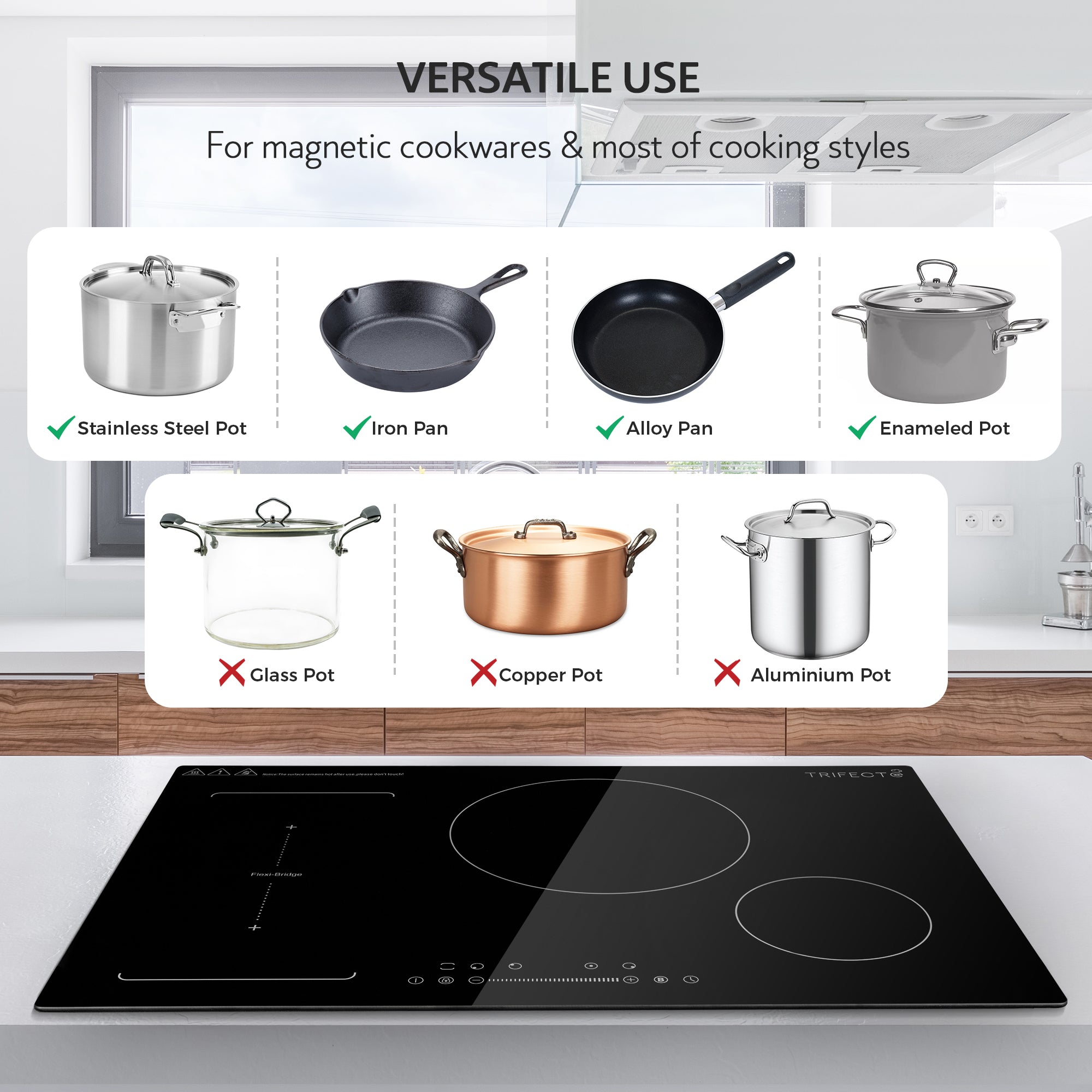 induction cooktop compatible cookware: materials like Carbon Steel, Stainless Steel with magnetic base, Enamel Iron Steel and Cast Iron are commonly induction compatible, while materials like Copper, Glass and Aluminum are Not.