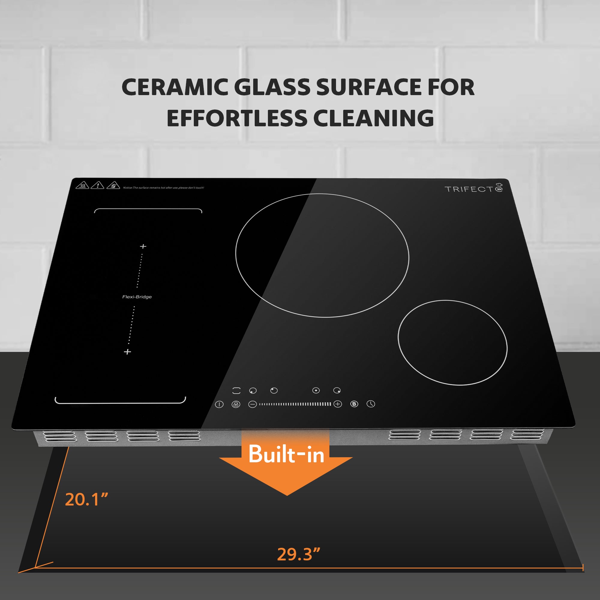 30 inch built-in induction cooktop with ceramic glass surface for effortless cleaning.