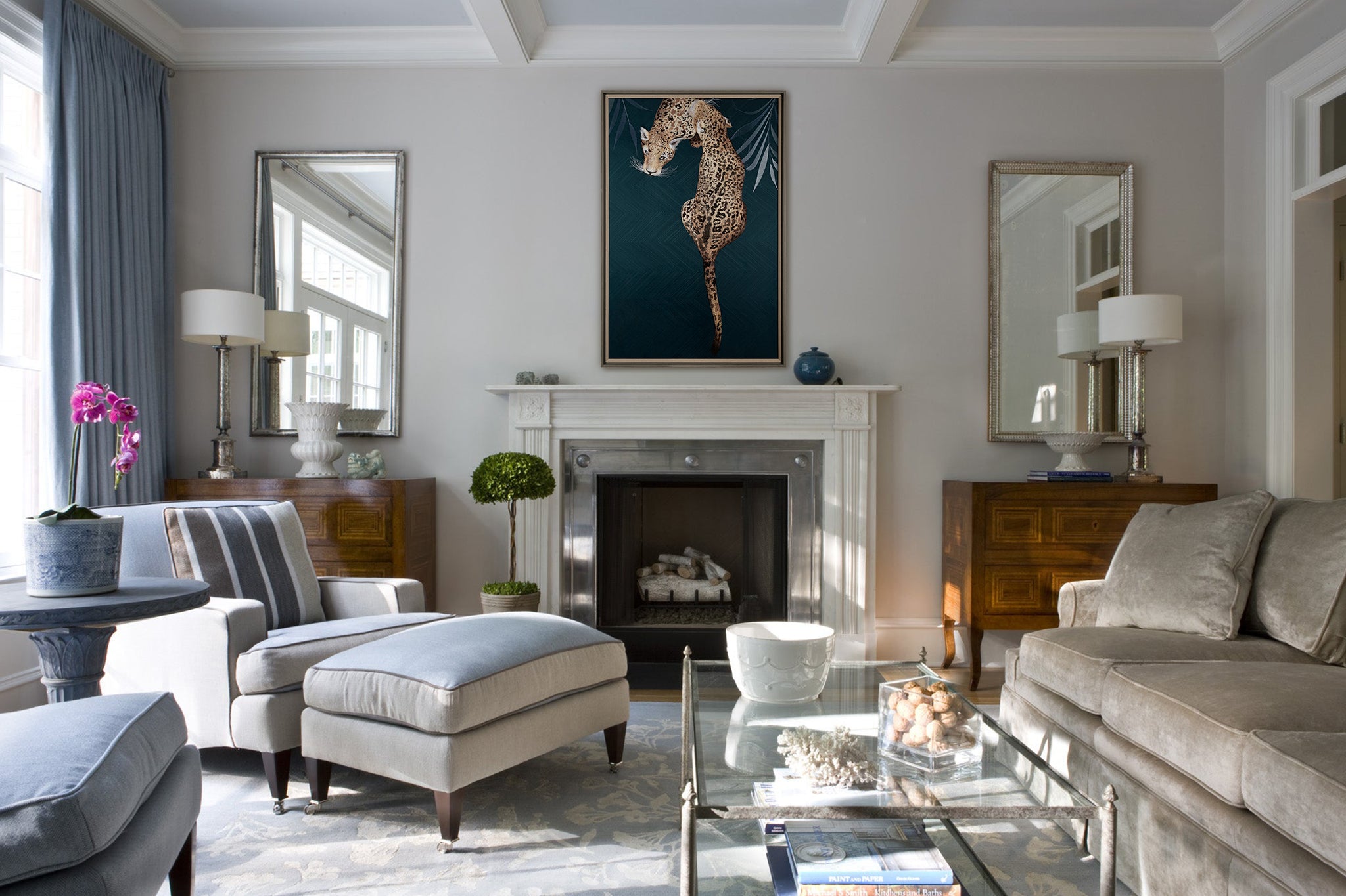 Framed Embroidery Fine Wall Art of Leopard Design hanging over a fireplace in an elegant living room with neutral tones and stylish furnishings.