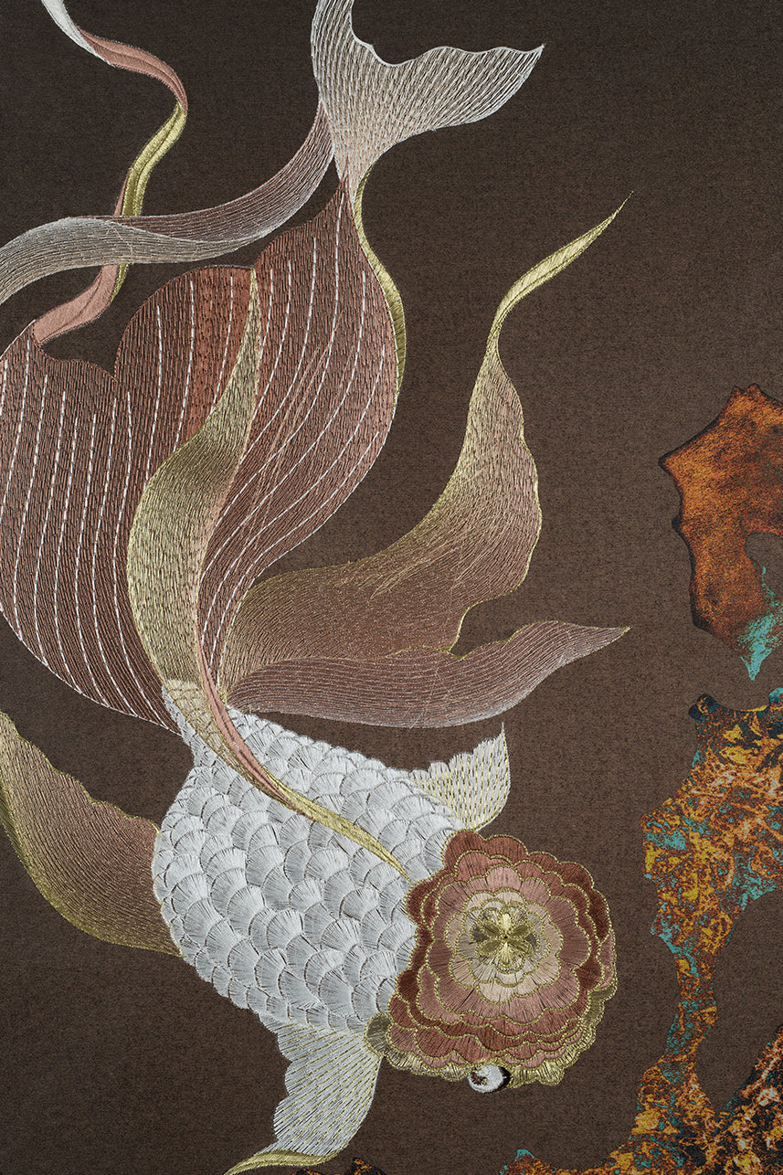 An artwork embroidered with koi fish is printed with coral stone patterns.