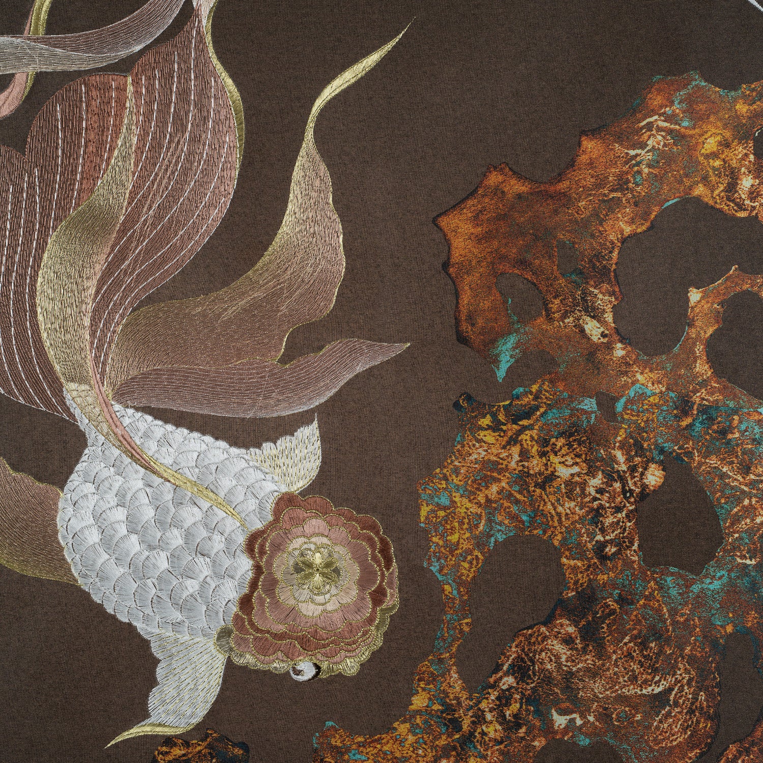An artwork embroidered with koi fish is printed with coral stone patterns.