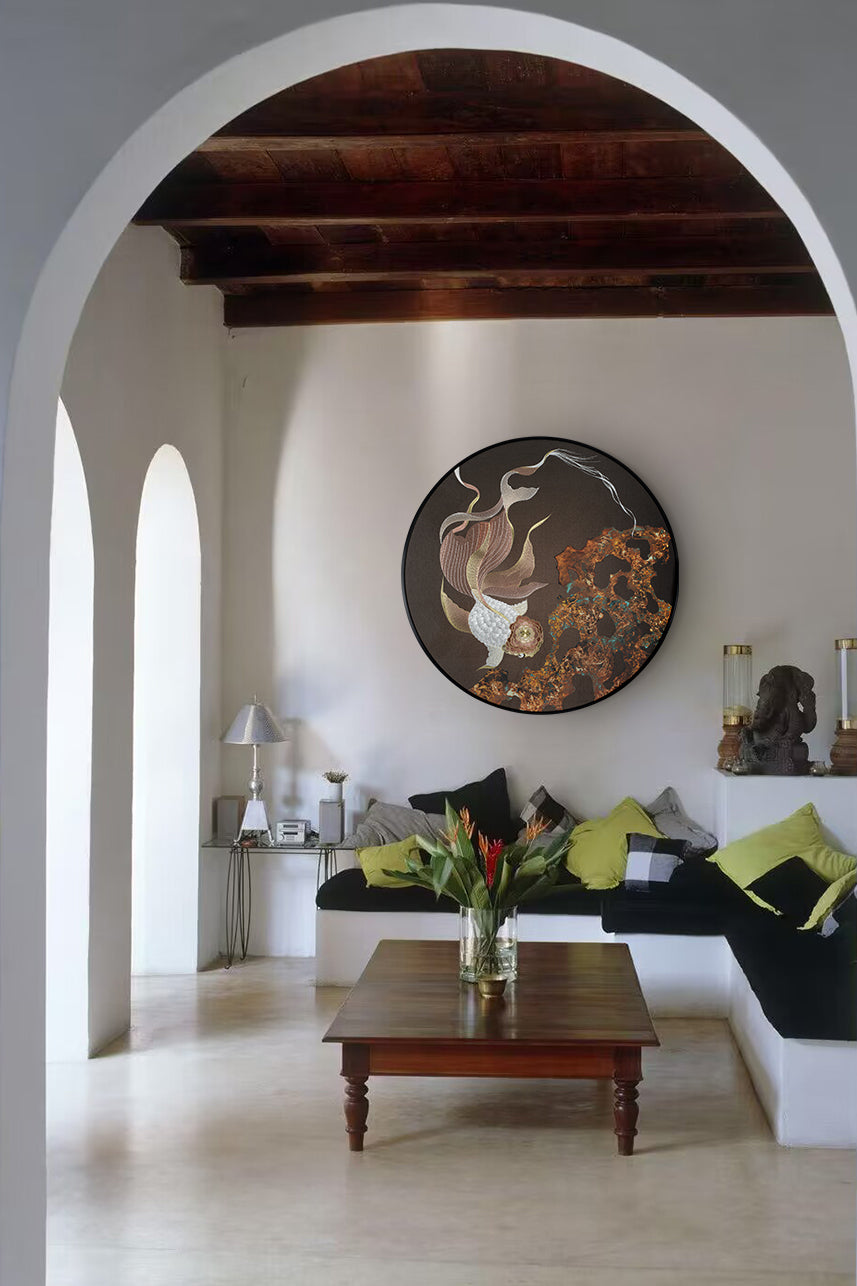 A piece of embroidered art with carp hangs on the wall of the Scandinavian-style living room, looking very clean with the minimalist home.