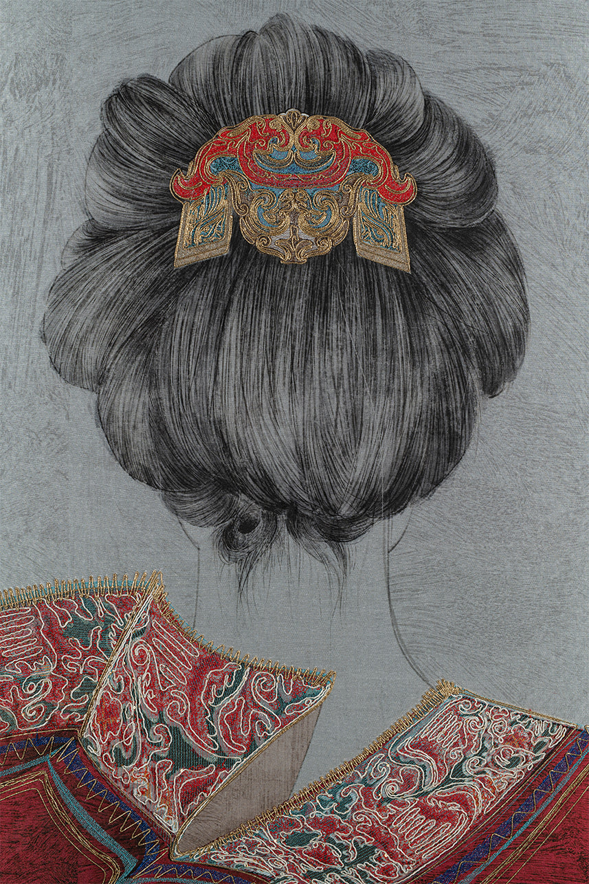 An embroidered artwork of a woman&