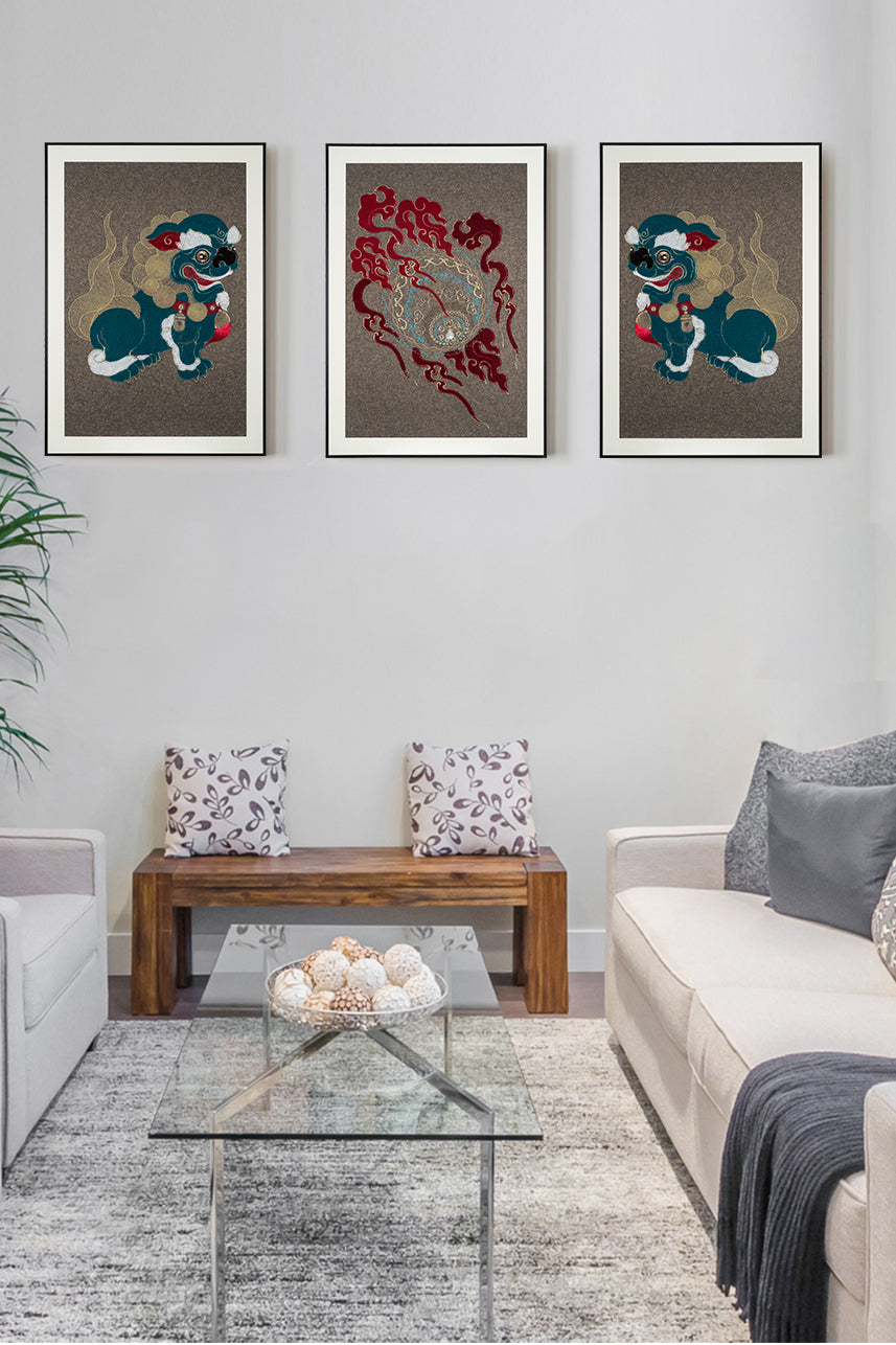 Modern living room featuring framed embroidery artwork of lions and ball design, adding an artistic touch to the space.