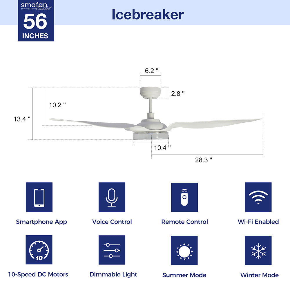 Icebreaker 56 inch smart fan delivers high and energy-efficient airflow in a sleek design. With dimmable integrated LED, 10-speed whisper-quiet DC motor, available remote, phone app, and voice integration control, and airfoils in classic white or black or clear, Icebreaker helps you enjoy your better life.