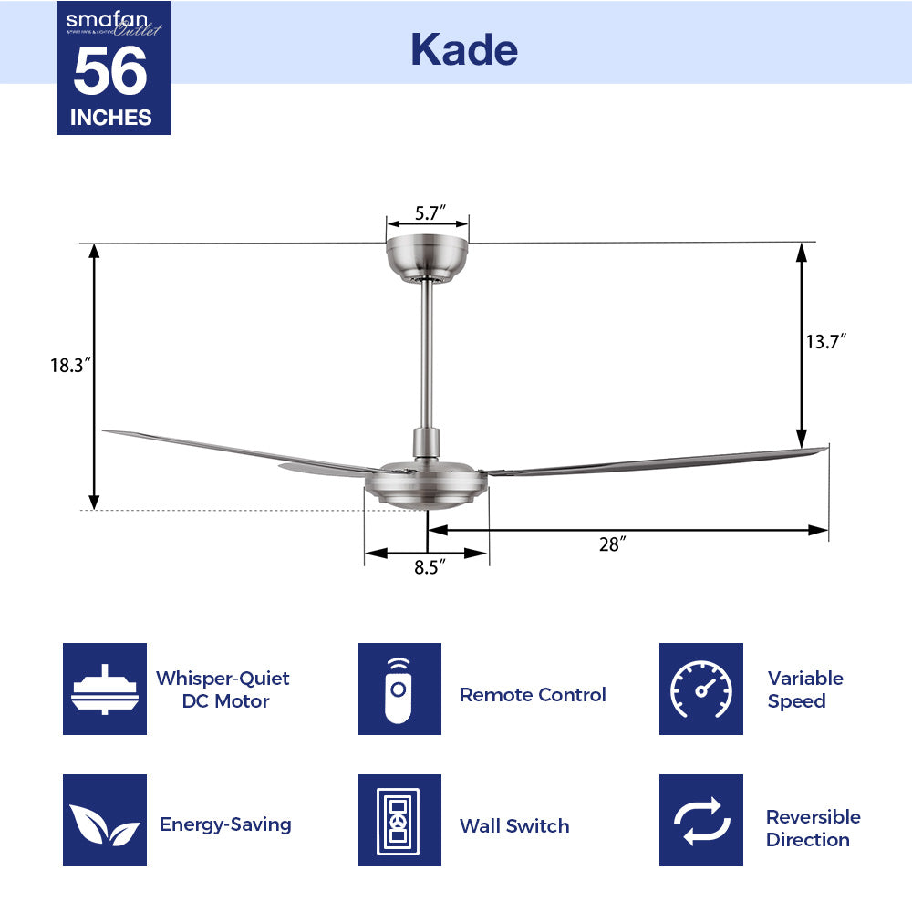Kade 56-inch brushed nickel ceiling fan without light, highlighting energy-saving and whisper-quiet operation. Remote and wall control included.