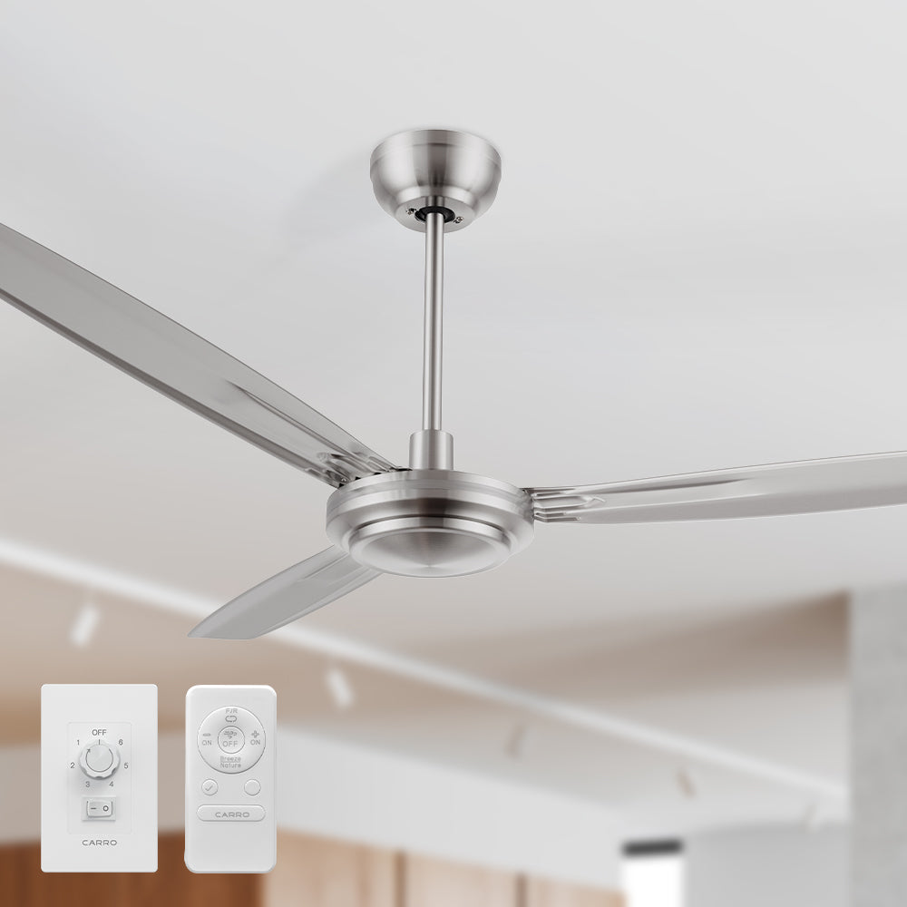 Kade 56-inch DC motor ceiling fan in silver with remote and wall switch control. Features whisper-quiet operation, perfect for bedrooms and living rooms.