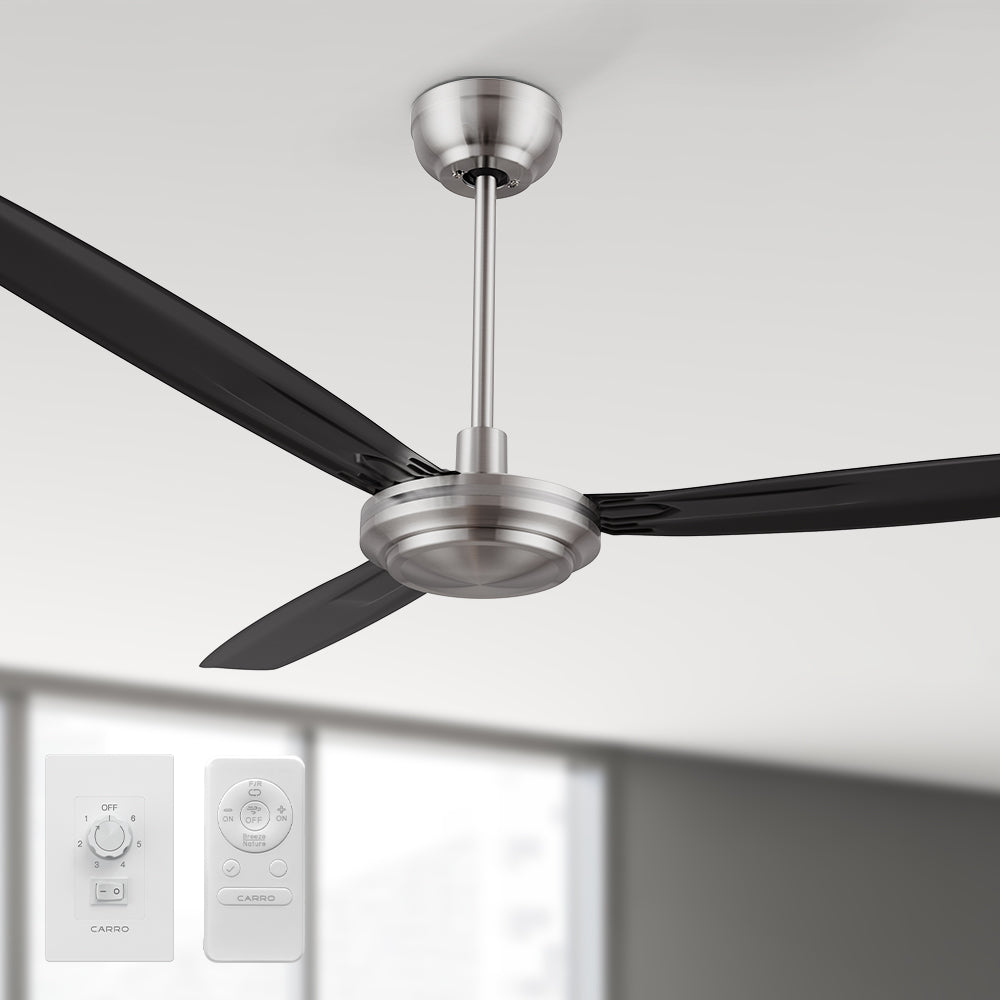 Kade 56-inch DC motor ceiling fan in silver and black, featuring remote and wall switch control. Ideal for modern living room or bedroom decor.