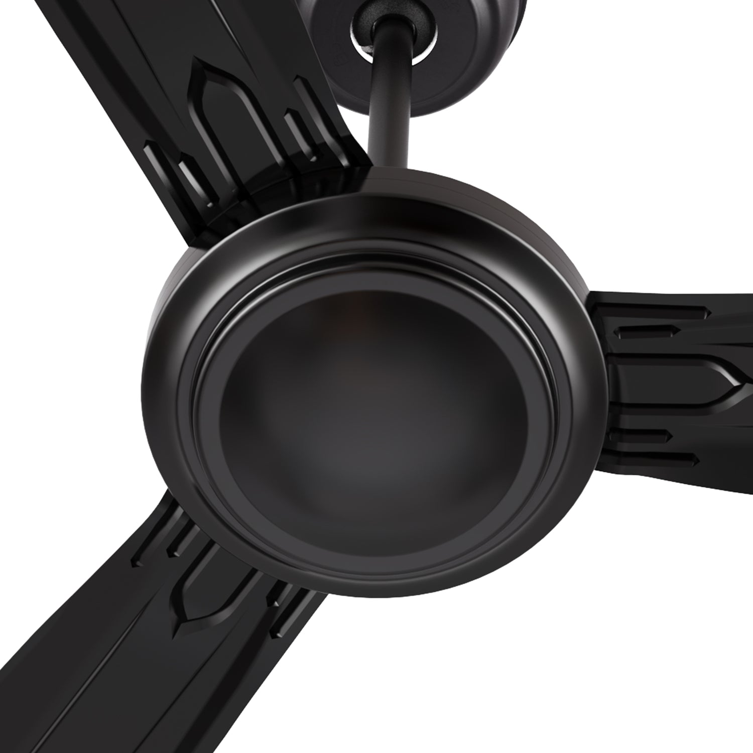 Close-up detail of the Kade 56-inch DC motor ceiling fan in black, highlighting its modern, energy-efficient motor design for quiet operation.