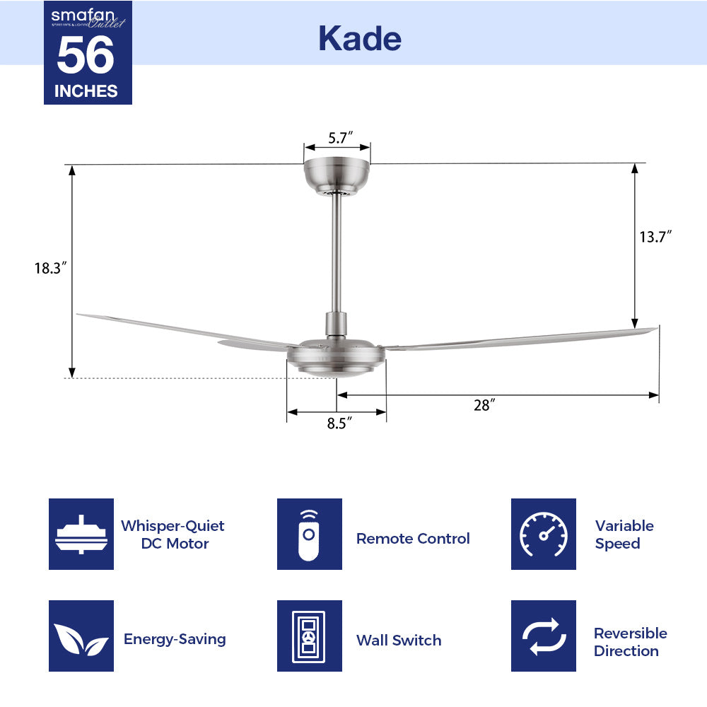 Kade 56-inch silver ceiling fan without light, showcasing energy-saving, whisper-quiet features with remote and wall control for modern interiors.