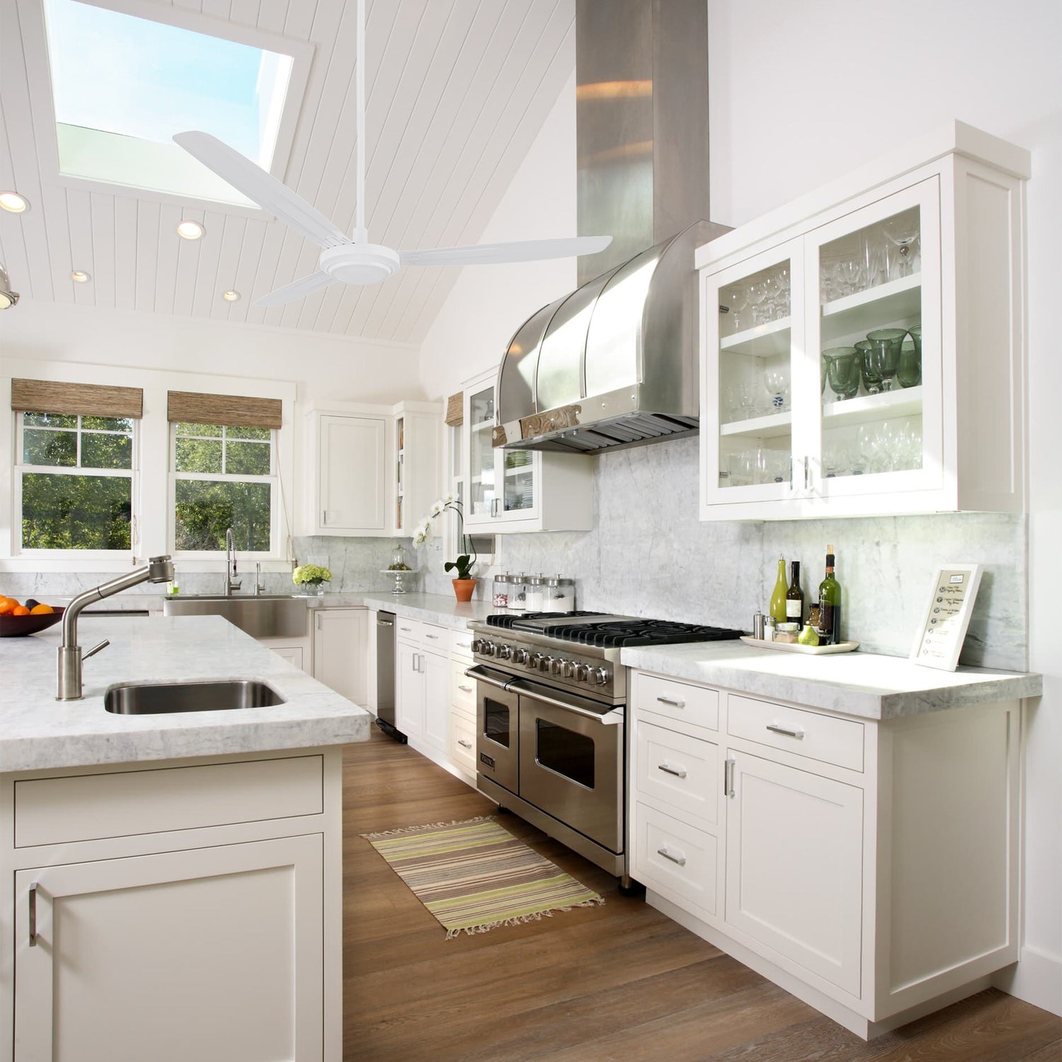 Kade 56-inch white ceiling fan with remote control, installed in a modern kitchen. The white finish complements bright, airy interiors while improving airflow.