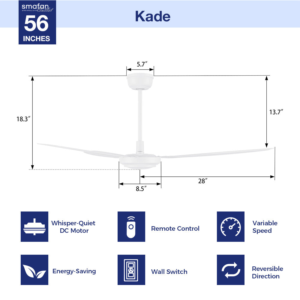 Kade 56-inch white ceiling fan without light, featuring energy-efficient design and quiet operation. Includes remote and wall control for convenient use.