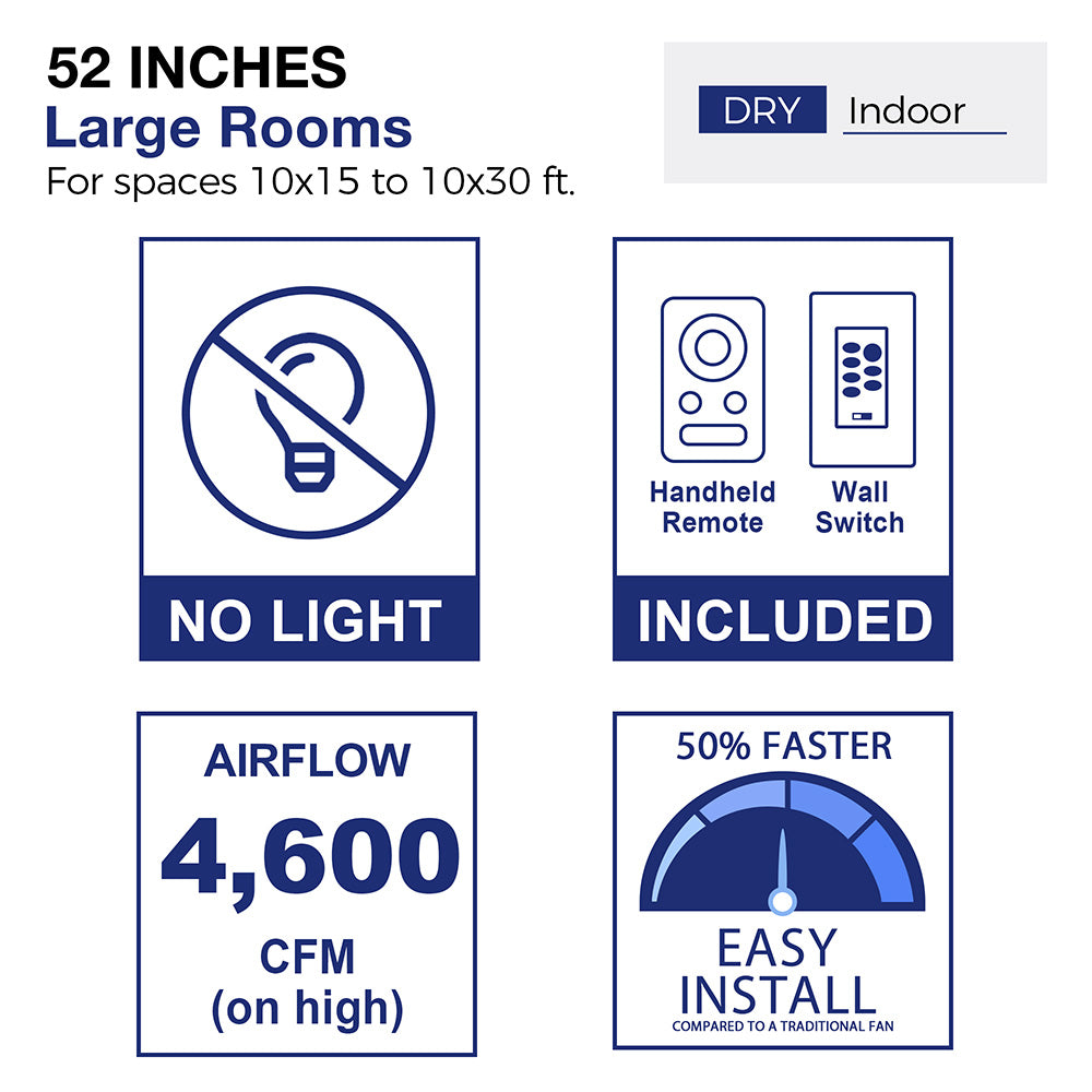 Diagram of a 52-inch ceiling fan designed for large indoor rooms measuring 10x15 to 10x30 feet, specifically for dry environments. The image illustrates a stylized living room layout with furniture, showcasing the fan&
