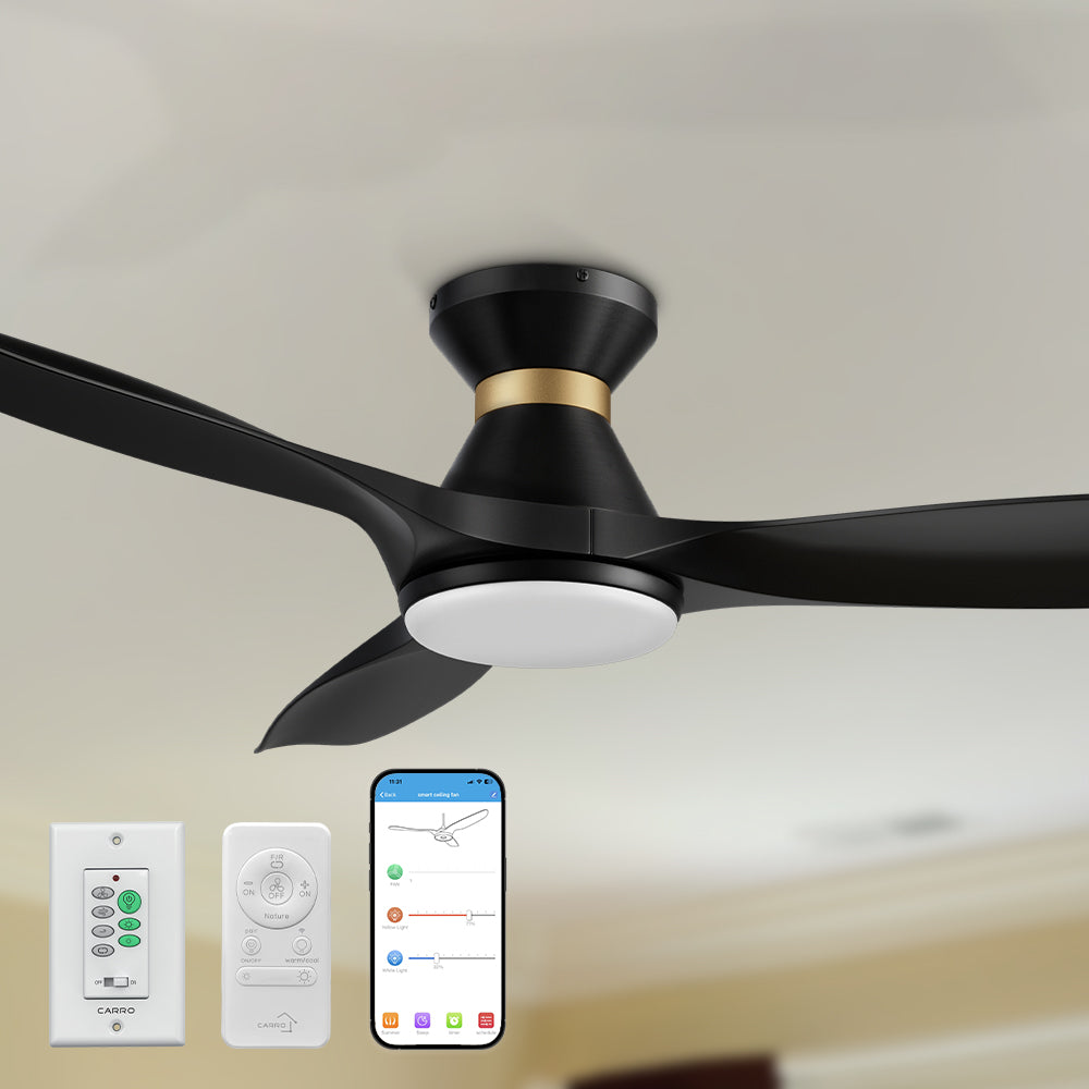 Kore 52" flush mount smart ceiling fan in black with light, featuring with remote control, wall switch control, and voice control.