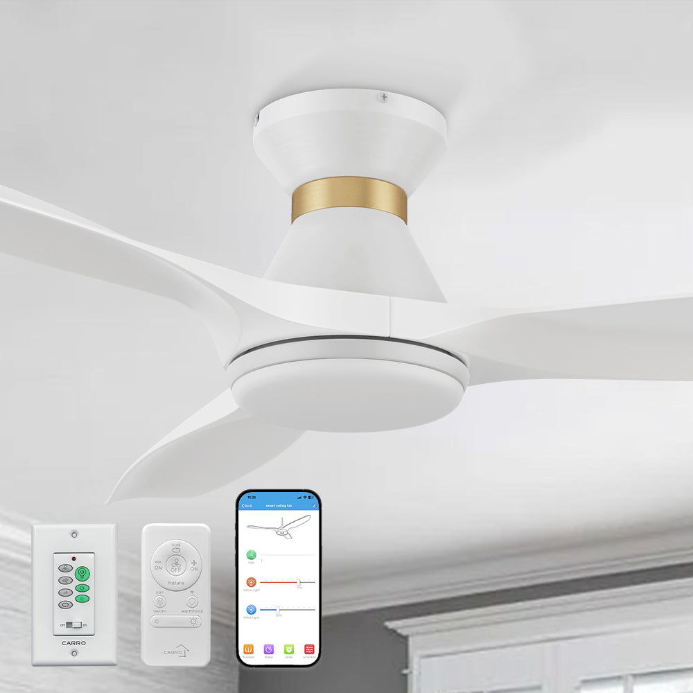 Kore 52" flush mount smart ceiling fan in white with light, featuring with remote control, wall switch control, and voice control.