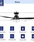 Kore 52" flush mount smart ceiling fan with light specification