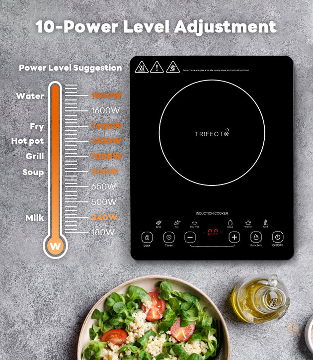 11" portable induction cooktop with 6 preset function and 10 power level adjustment