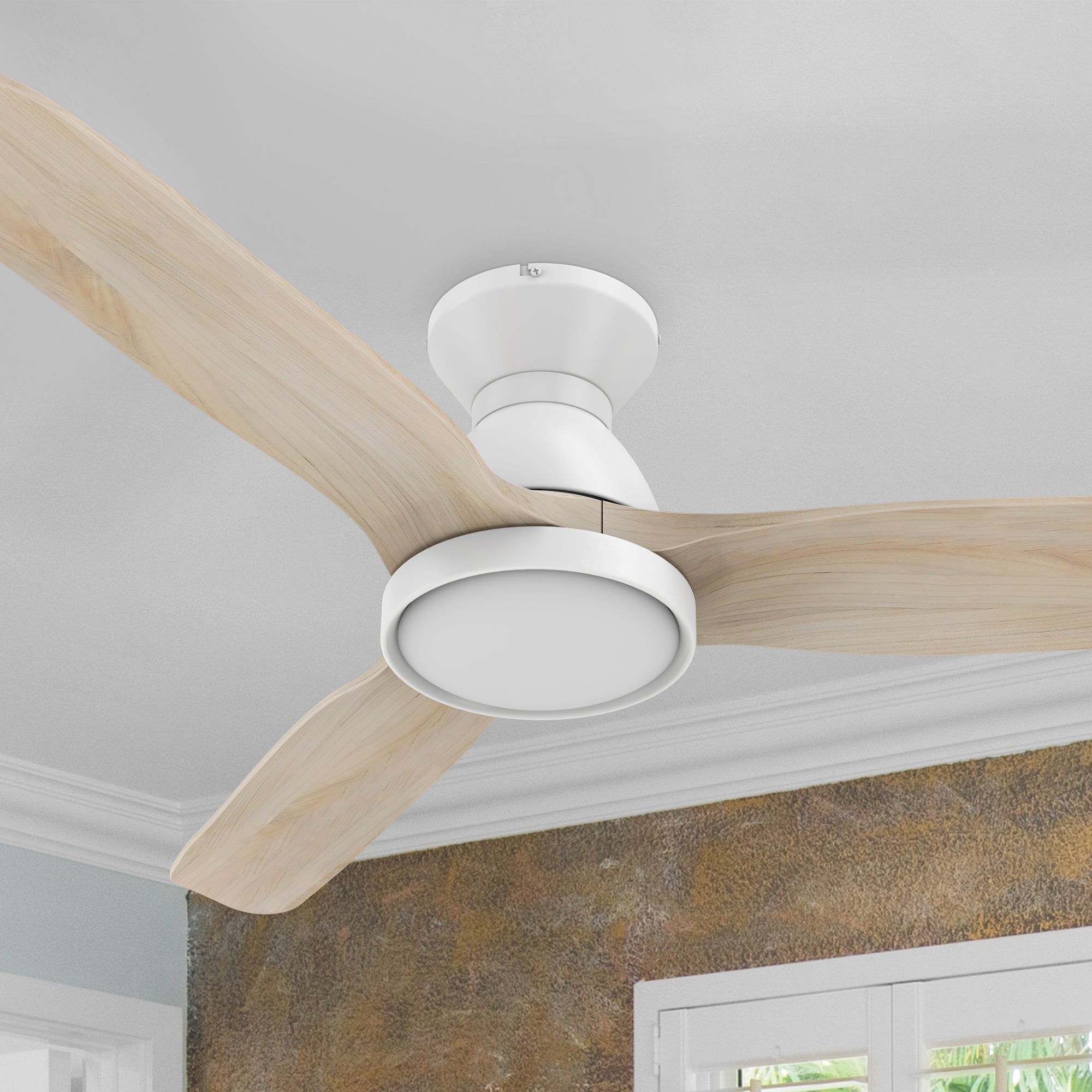 52 inch white low profile ceiling fan with light and remote control.