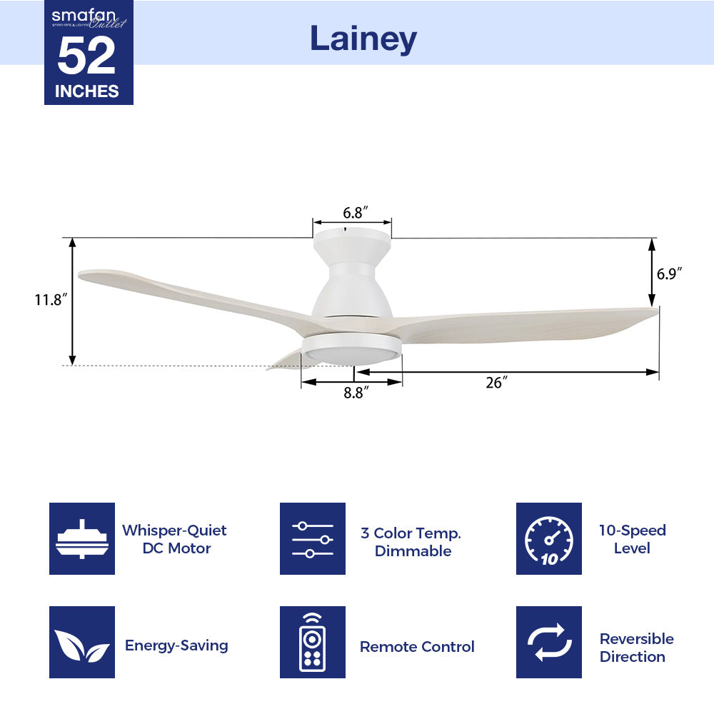 Transform your space with a 52-inch white flush-mounted ceiling fan. Enjoy the convenience of a remote-controlled 10-speed adjustable DC motor, 3-color temperature dimmable light with 1300 lumens, and an impressive 4900 CFM high air volume. Indulge in whisper-quiet cooling thanks to the energy-efficient DC motor. The fan&
