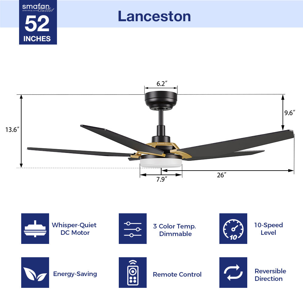 Revitalize your space with a 52-inch low-profile ceiling fan. Experience the ease of a remote-controlled 10-speed adjustable DC motor, 3-color temperature dimmable light, and a powerful 4500 CFM high air volume. Relish in whisper-quiet cooling, courtesy of the energy-efficient DC motor. The fan boasts 5-plywood blades for durable, high-quality performance. Elevate your surroundings with this perfect fusion of style and functionality.