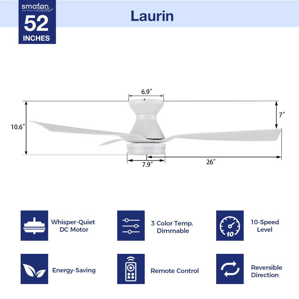 Revamp our space with a 52-inch white low-profile ceiling fan. Experience the ease of a remote-controlled 10-speed adjustable DC motor, 3-color temperature dimmable light, and an impressive 5070 CFM high air volume. Relish in whisper-quiet cooling thanks to the energy-efficient DC motor. The fan&