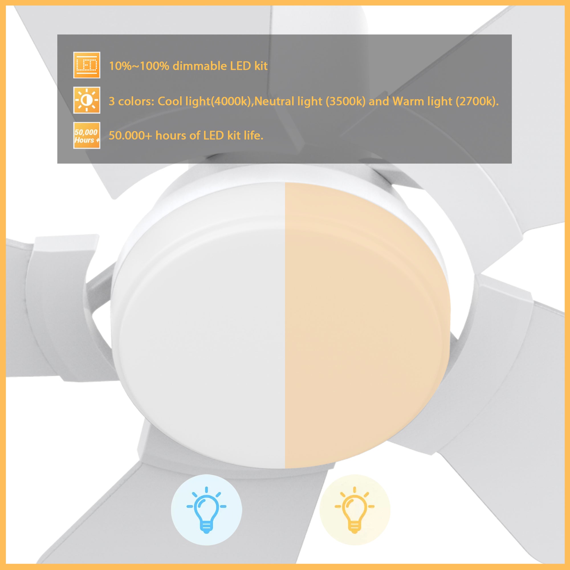 Includes integrated LED light kit with warm light and cool light, it offers lower energy consumption and a longer life span