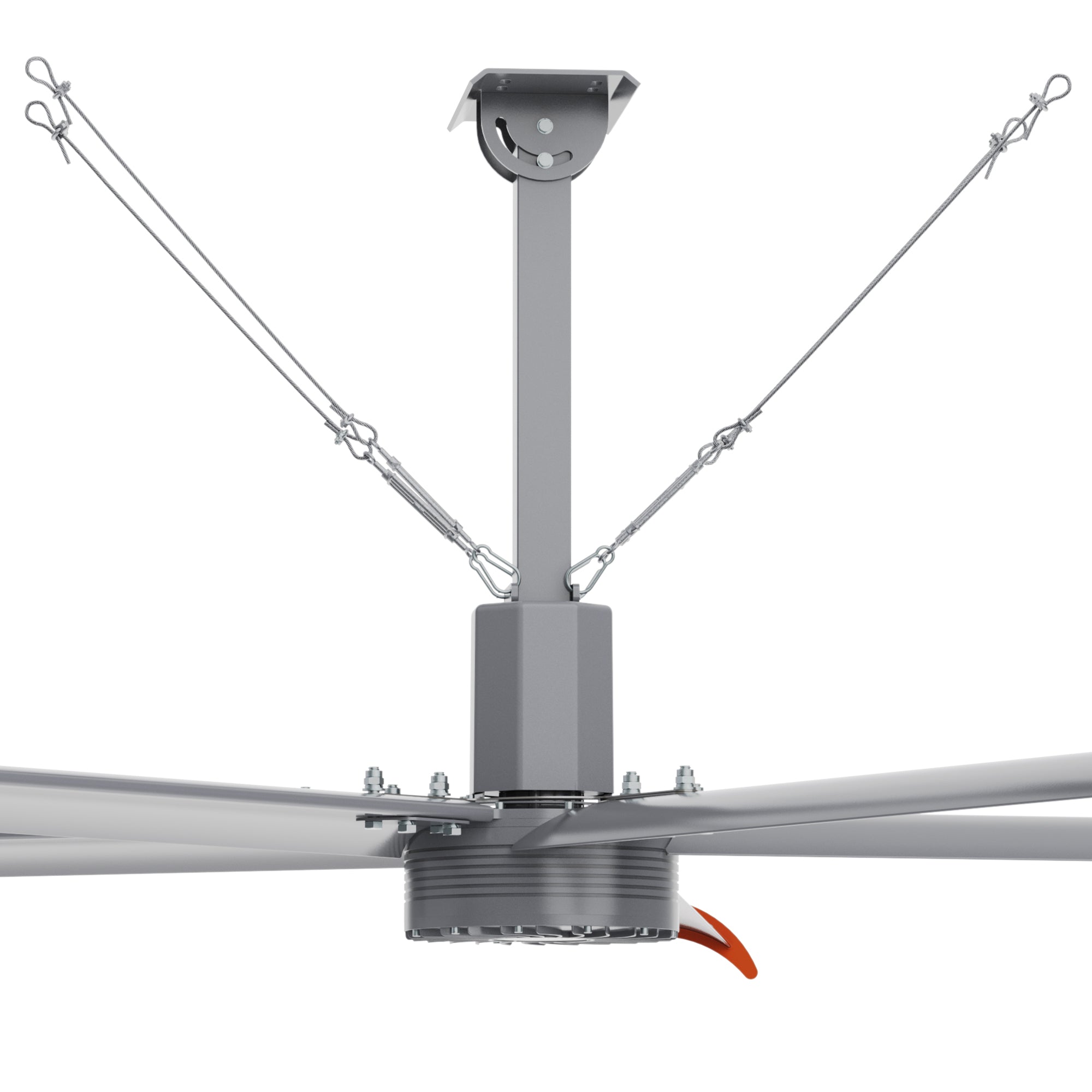 Close-up view of central hub of 14ft industrial fan with steel rope traction device.