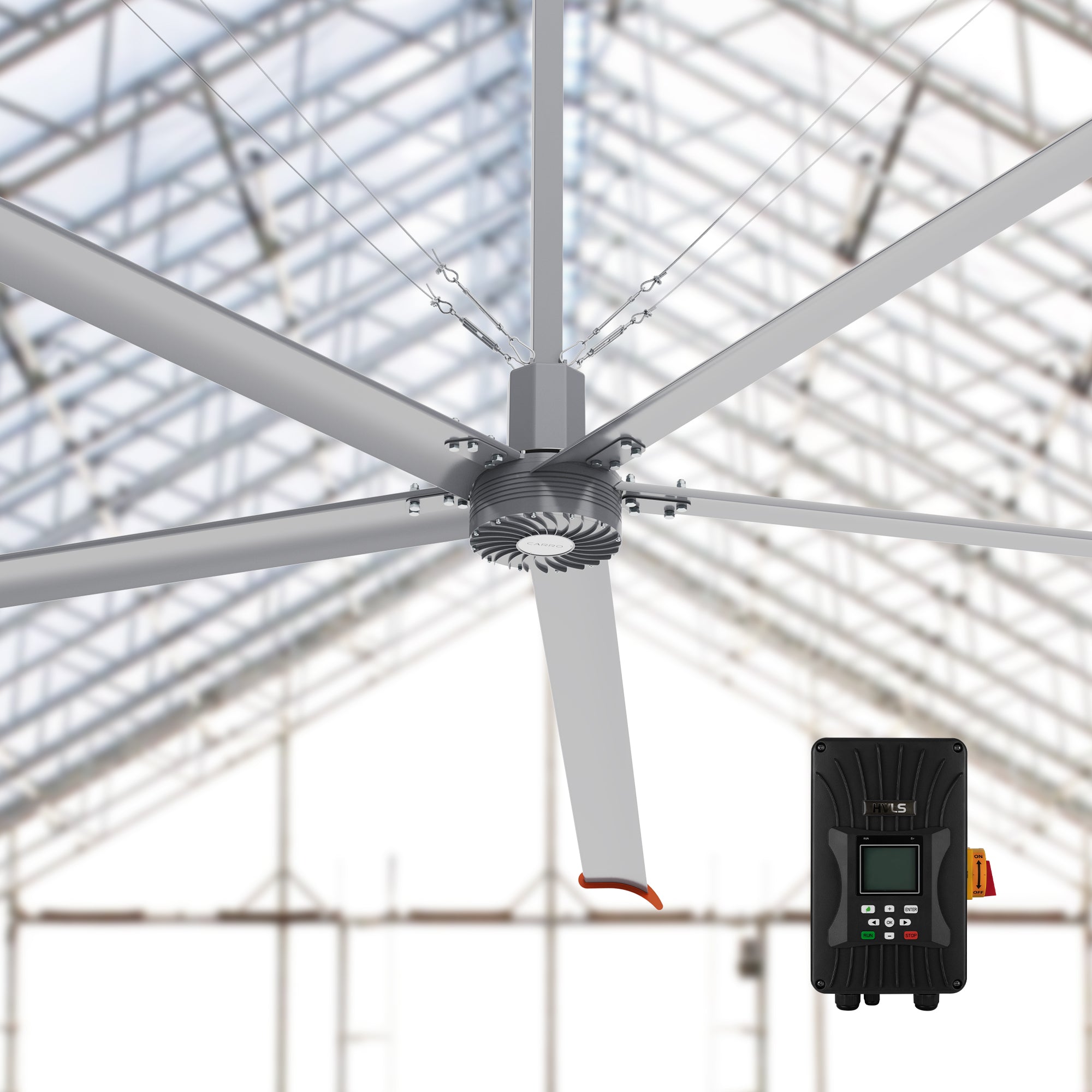 Makani 16ft industrial HVLS ceiling fan, featuring a controller, designed to optimize air circulation in large commercial or industrial spaces with precise control over fan speed and performance.