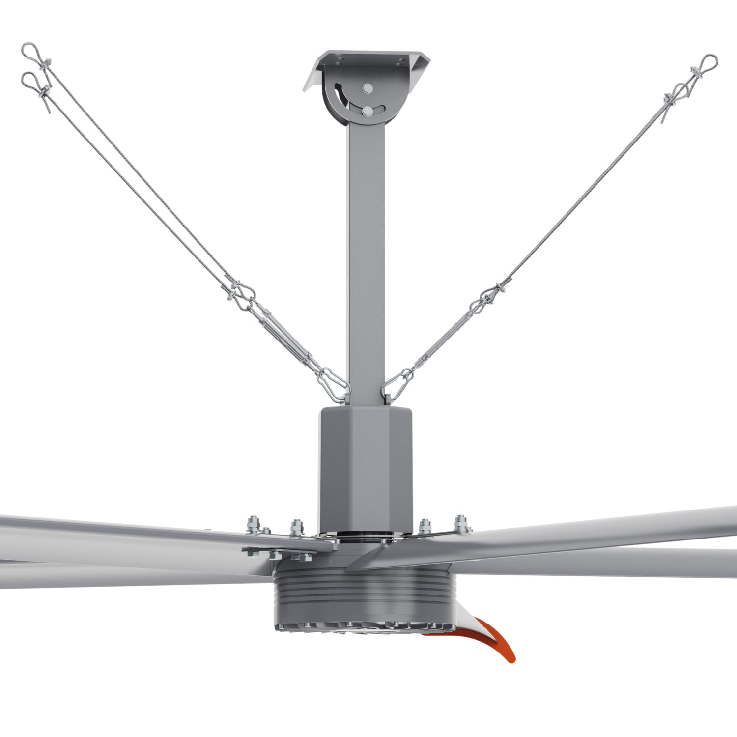 Close-up view of central hub of 16ft industrial fan with steel rope traction device.