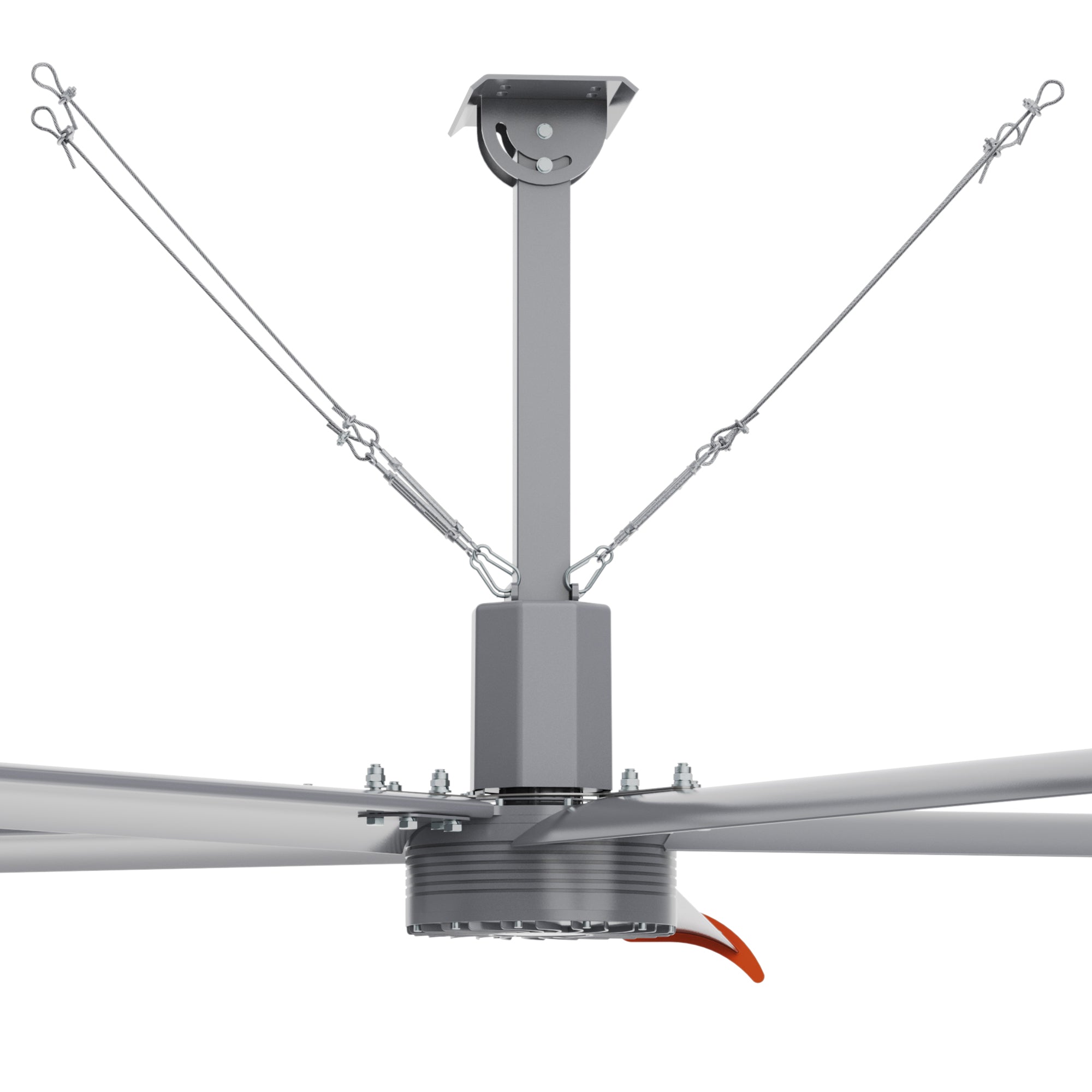 Close-up view of central hub of 16ft industrial fan with steel rope traction device.