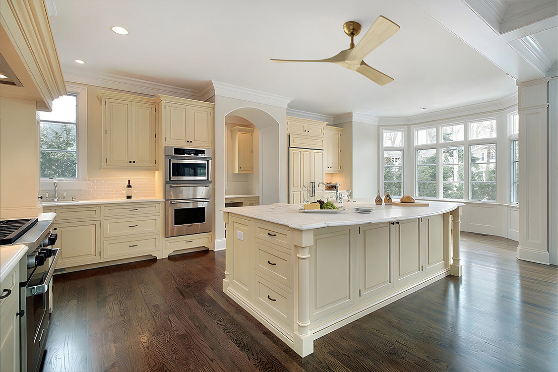 Mattoroa 52-inch luxury wood smart ceiling fan mounted in bright modern kitchen with island.