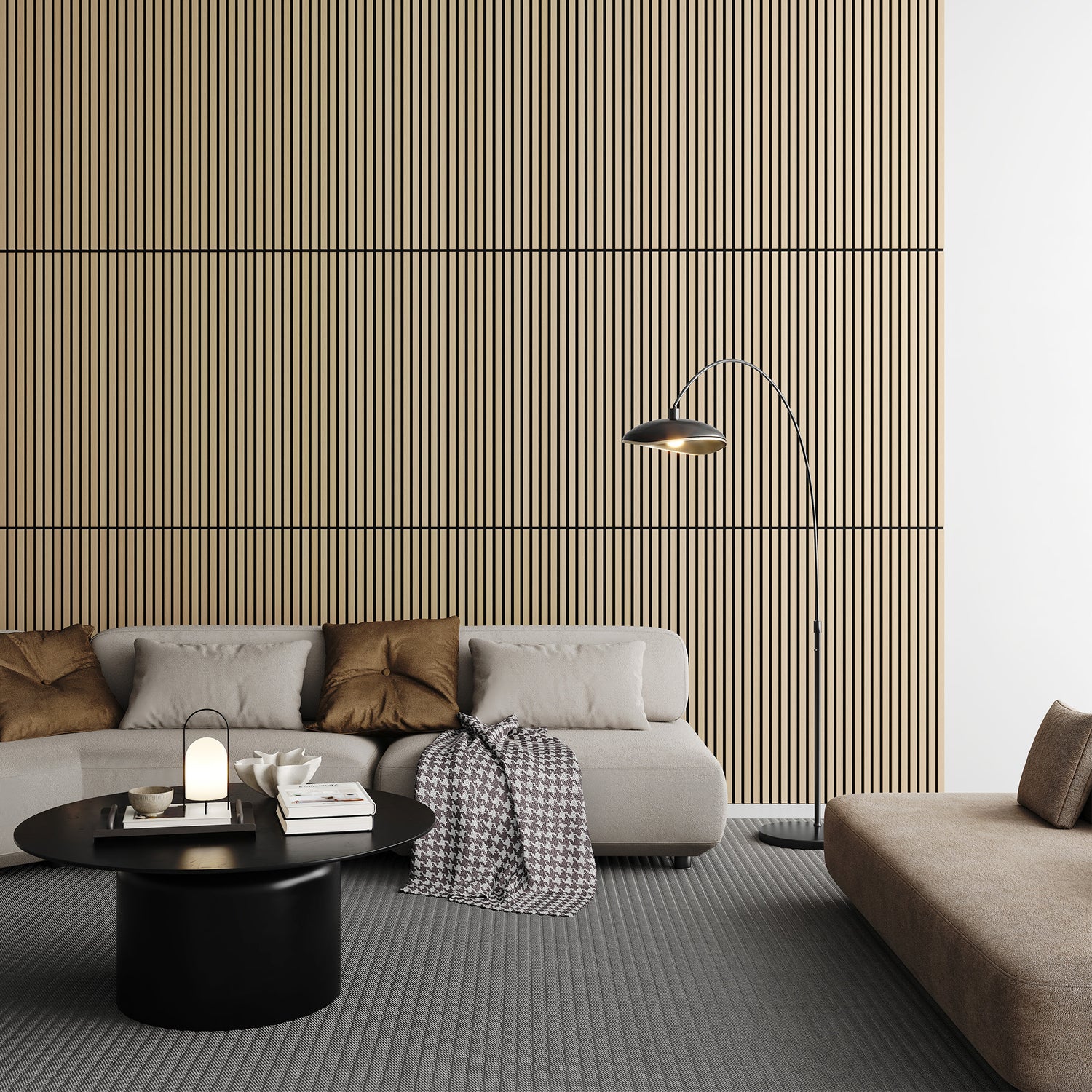Natural oak soundproof slat wood wall panels used as interior wall decor, enhancing the modern aesthetic of a living room with neutral tones and sleek furniture.