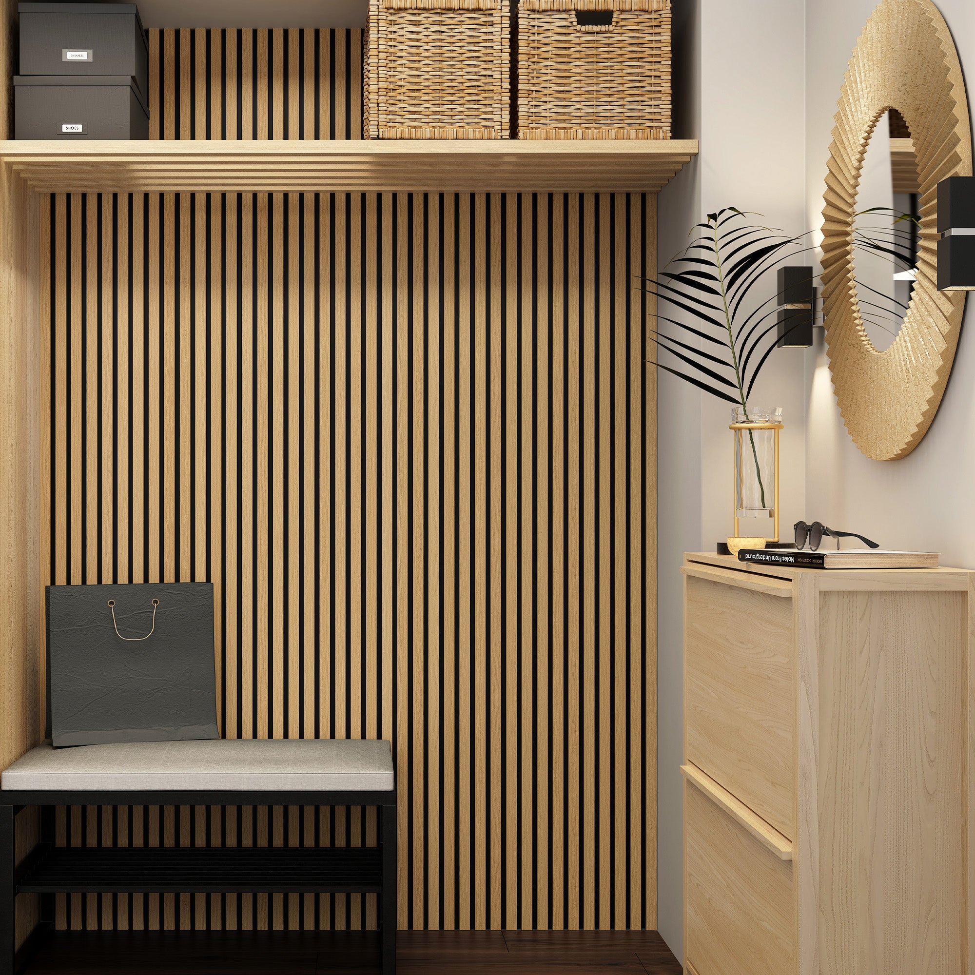 Natural oak soundproof slat wood wall panels installed in a modern mudroom, showcasing a clean design with a cozy and organized space.