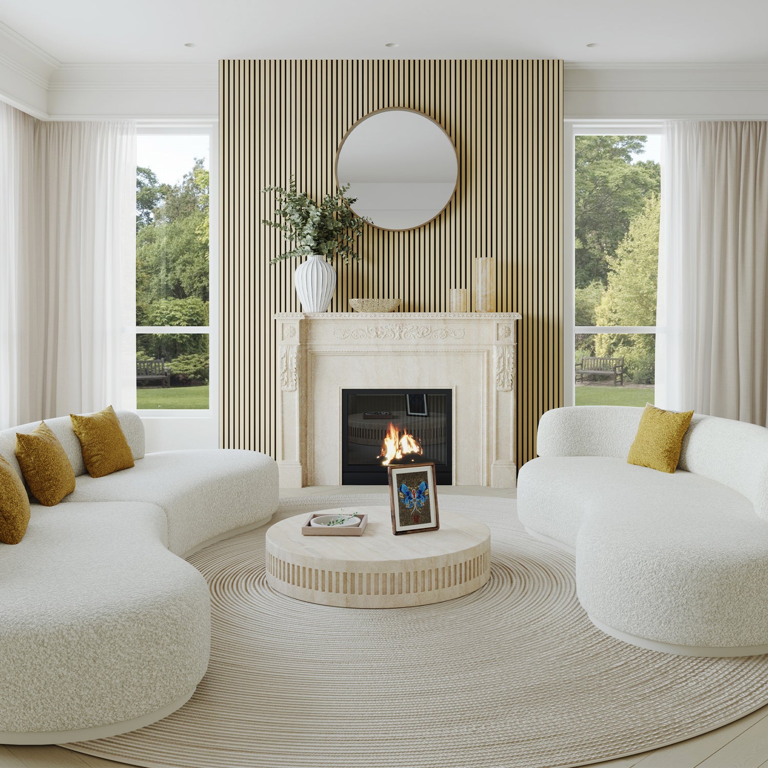 Natural oak Acoustic slat wood wall panels designed for a living room, creating a warm and elegant accent wall while providing acoustic noise reduction.